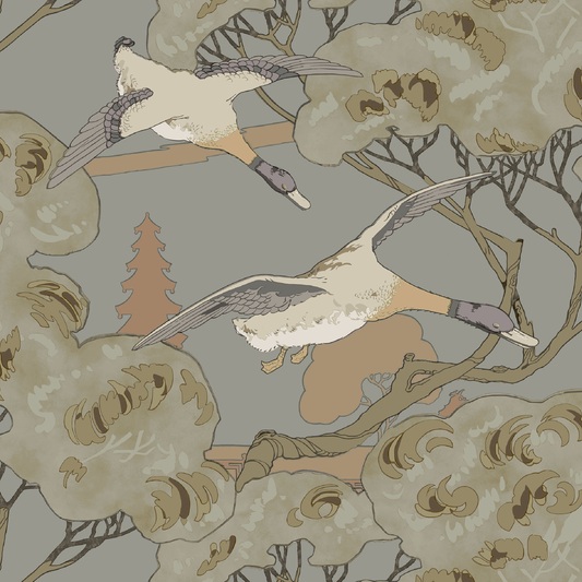 Mulberry Home | Grand Flying Ducks wallcovering - Grey/Blue