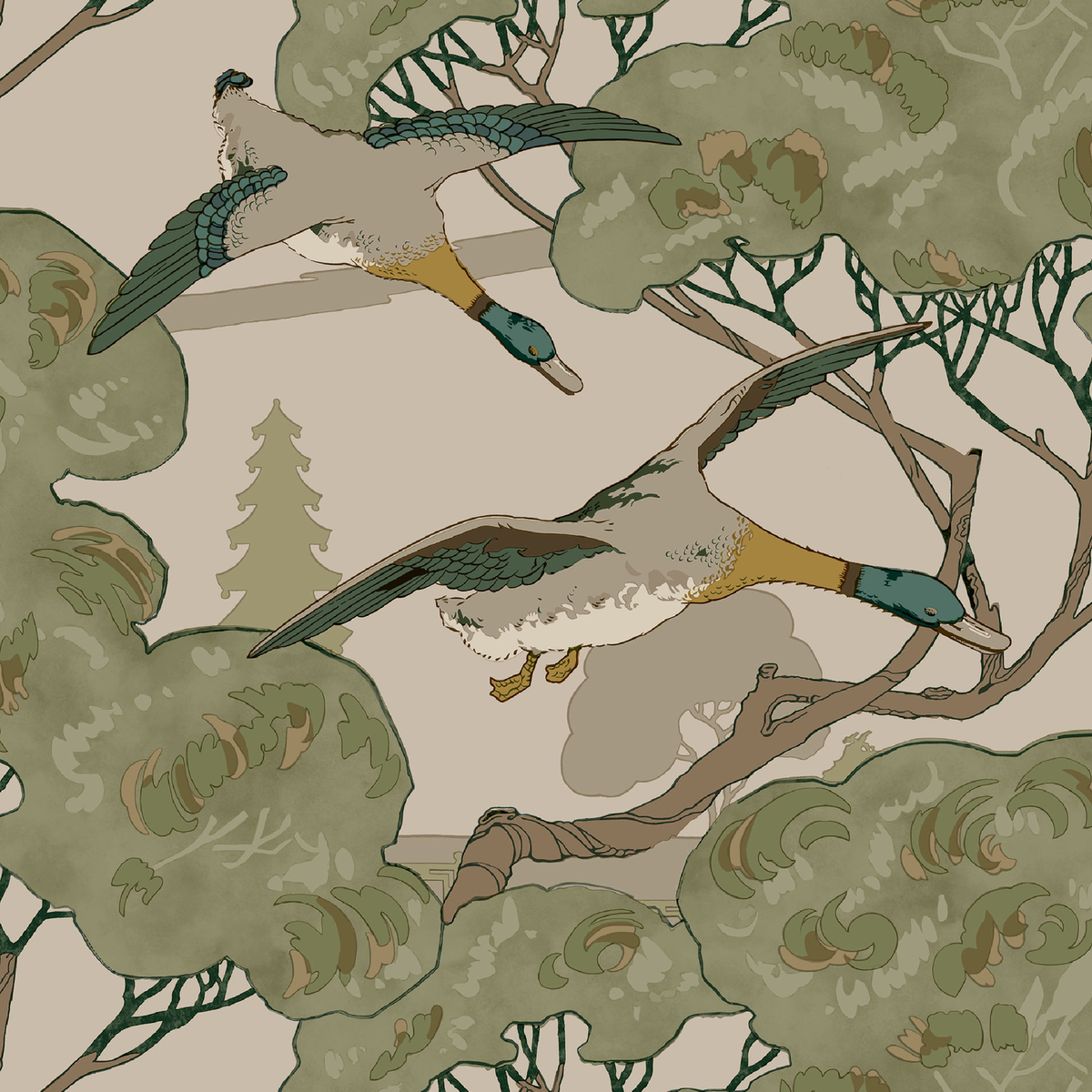 Mulberry Home | Grand Flying Ducks wallcovering - Emerald