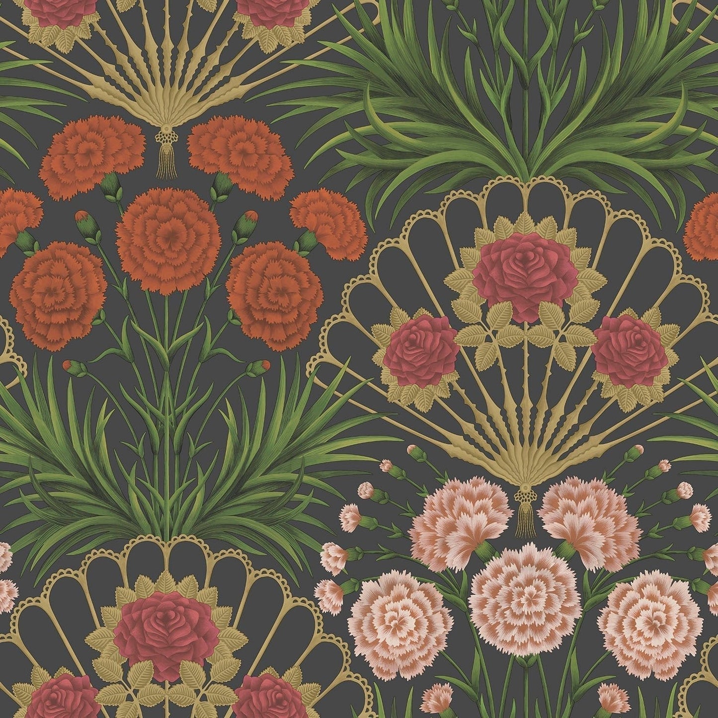 Cole & Son Flamenco Fan wallpaper - Cerise, Dark Tangerine & Metallic Gold on Black