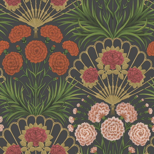 Cole & Son Flamenco Fan wallpaper - Cerise, Dark Tangerine & Metallic Gold on Black