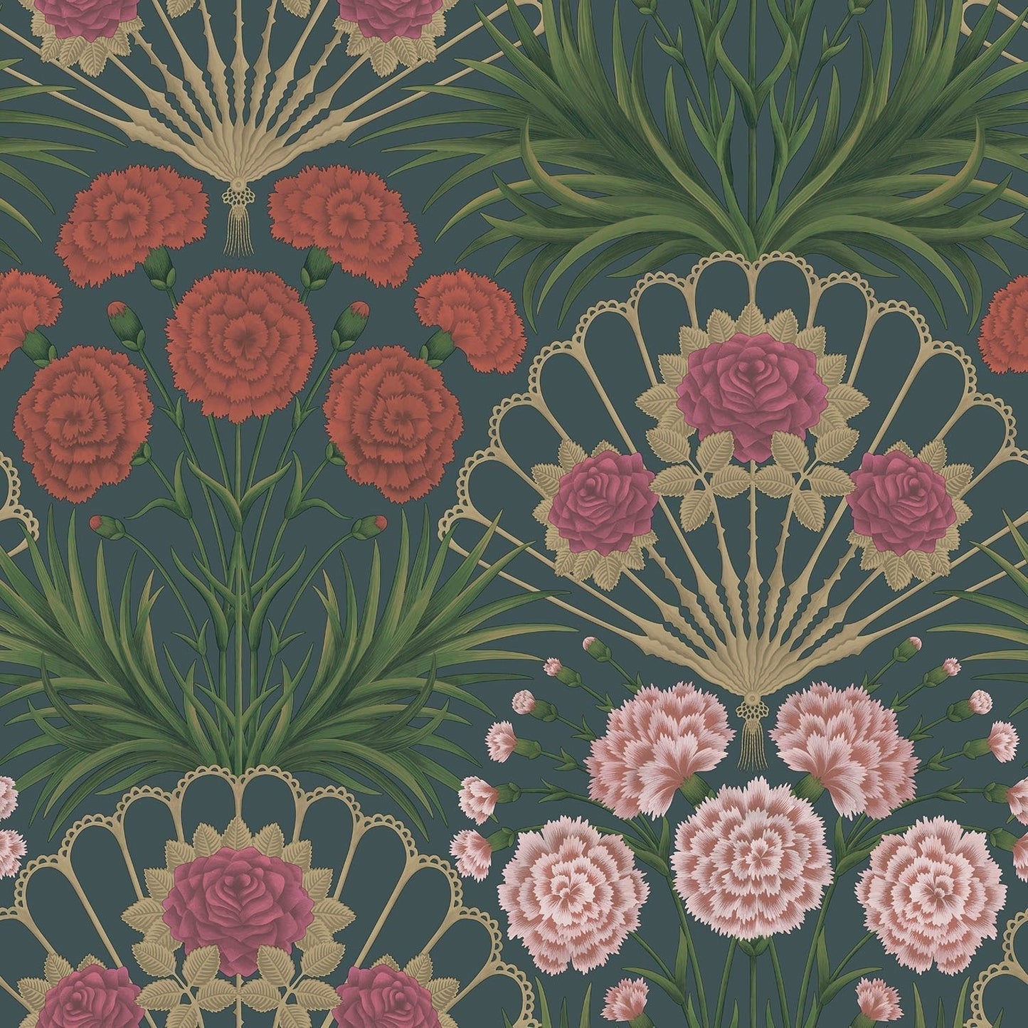 Cole & Son Flamenco Fan - Magenta, Red & Metallic Gilver on Ink