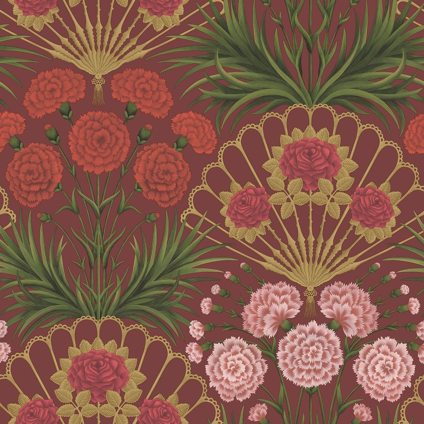 Cole & Son Flamenco Fan - Rose, Bright Rouge & Metallic Gold on Crimson