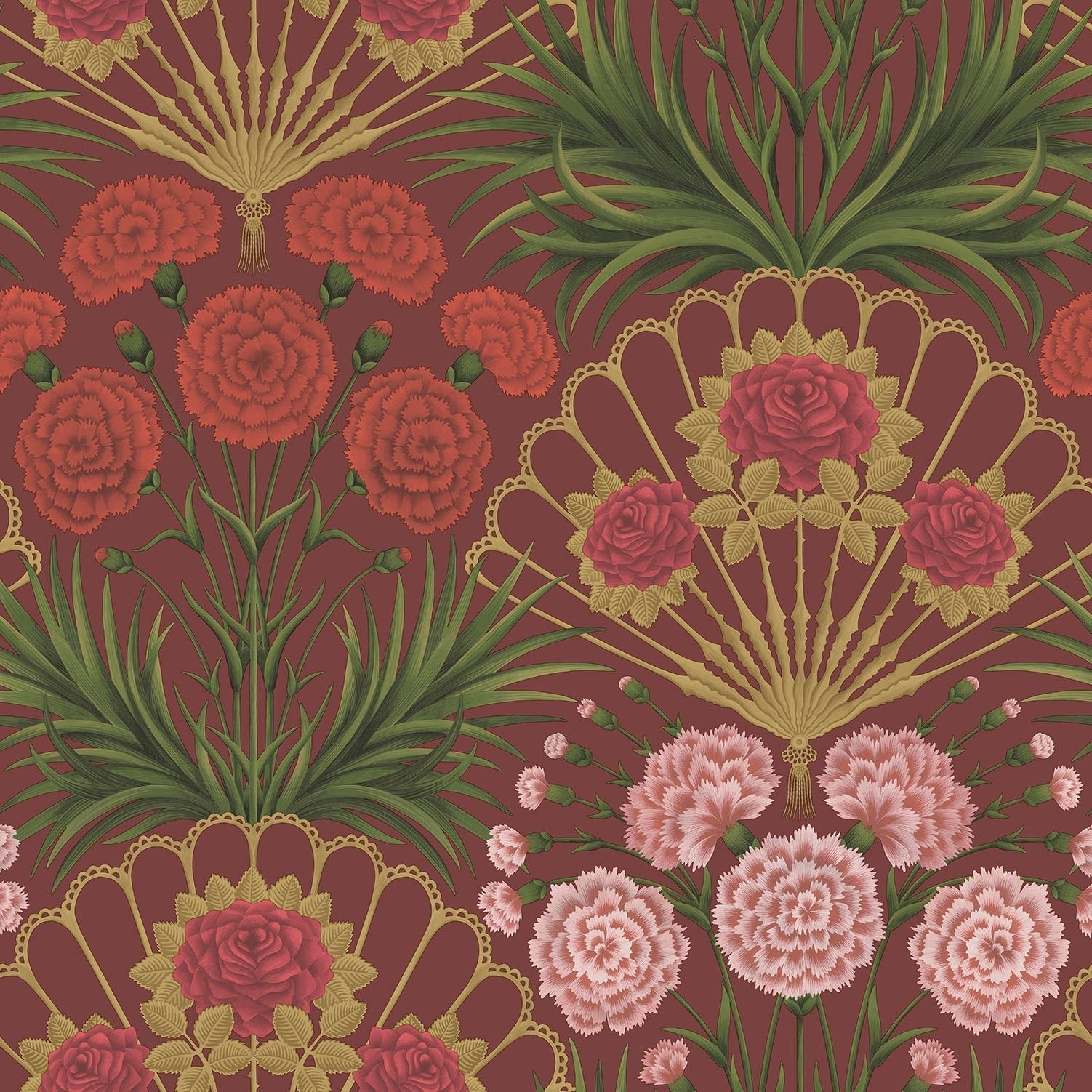Cole & Son Flamenco Fan - Rose, Bright Rouge & Metallic Gold on Crimson