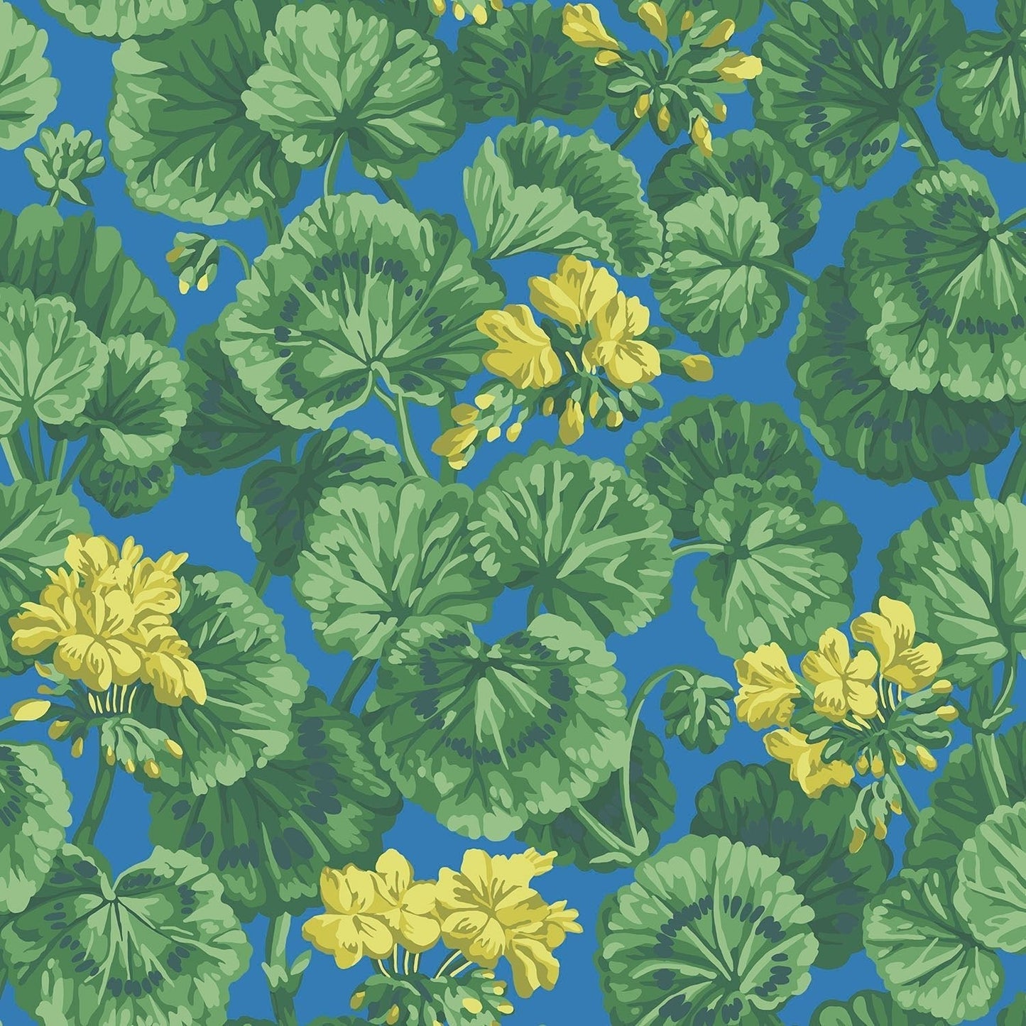 Cole & Son Geranium wallpaper - Lemon & Forest Greens on Electric Blue