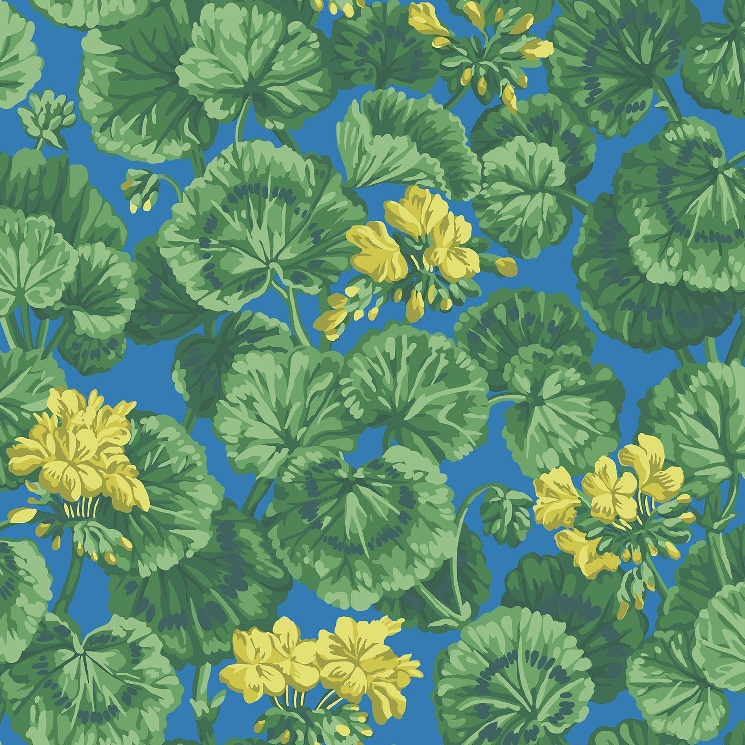 Cole & Son Geranium wallpaper - Lemon & Forest Greens on Electric Blue