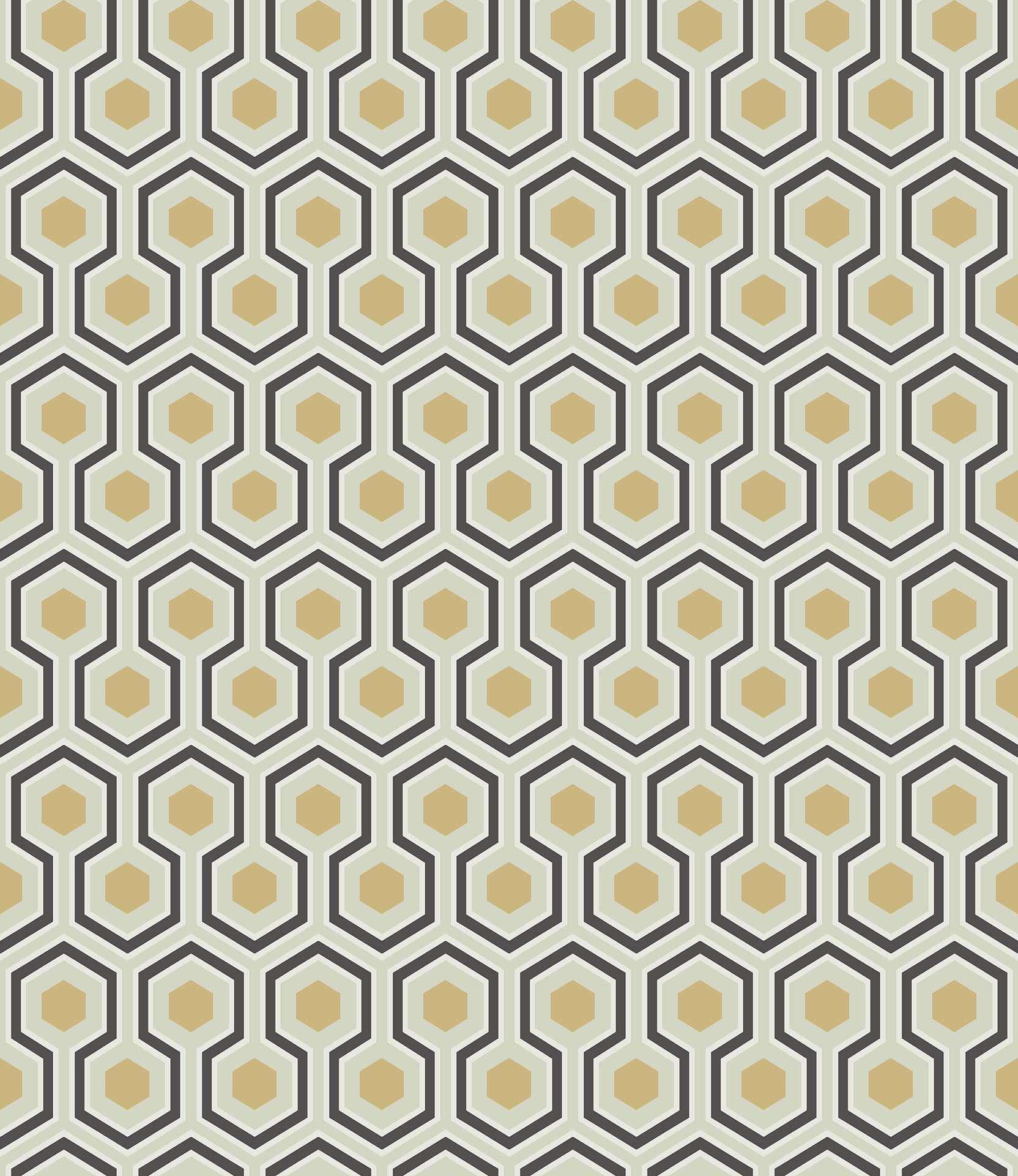 Cole & Son Hicks' Hexagon - Black & Metallic Gold on Soft Olive