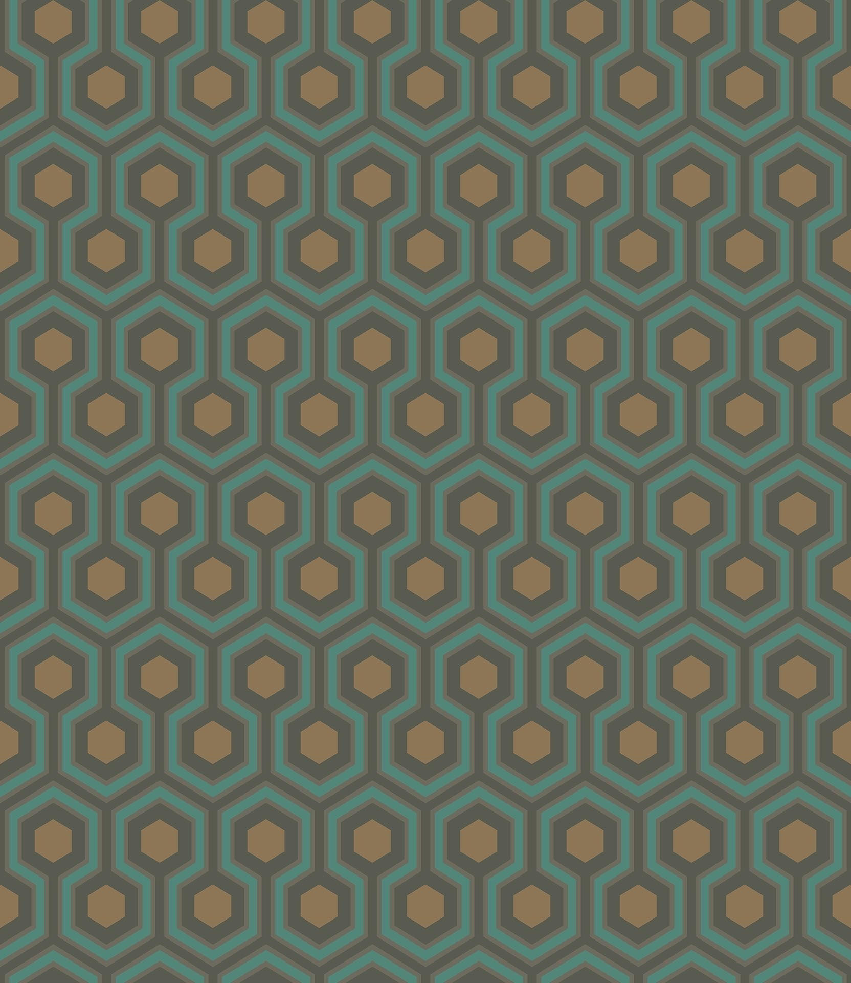 Cole & Son Hicks' Hexagon - Teal & Metallic Bronze on Soot