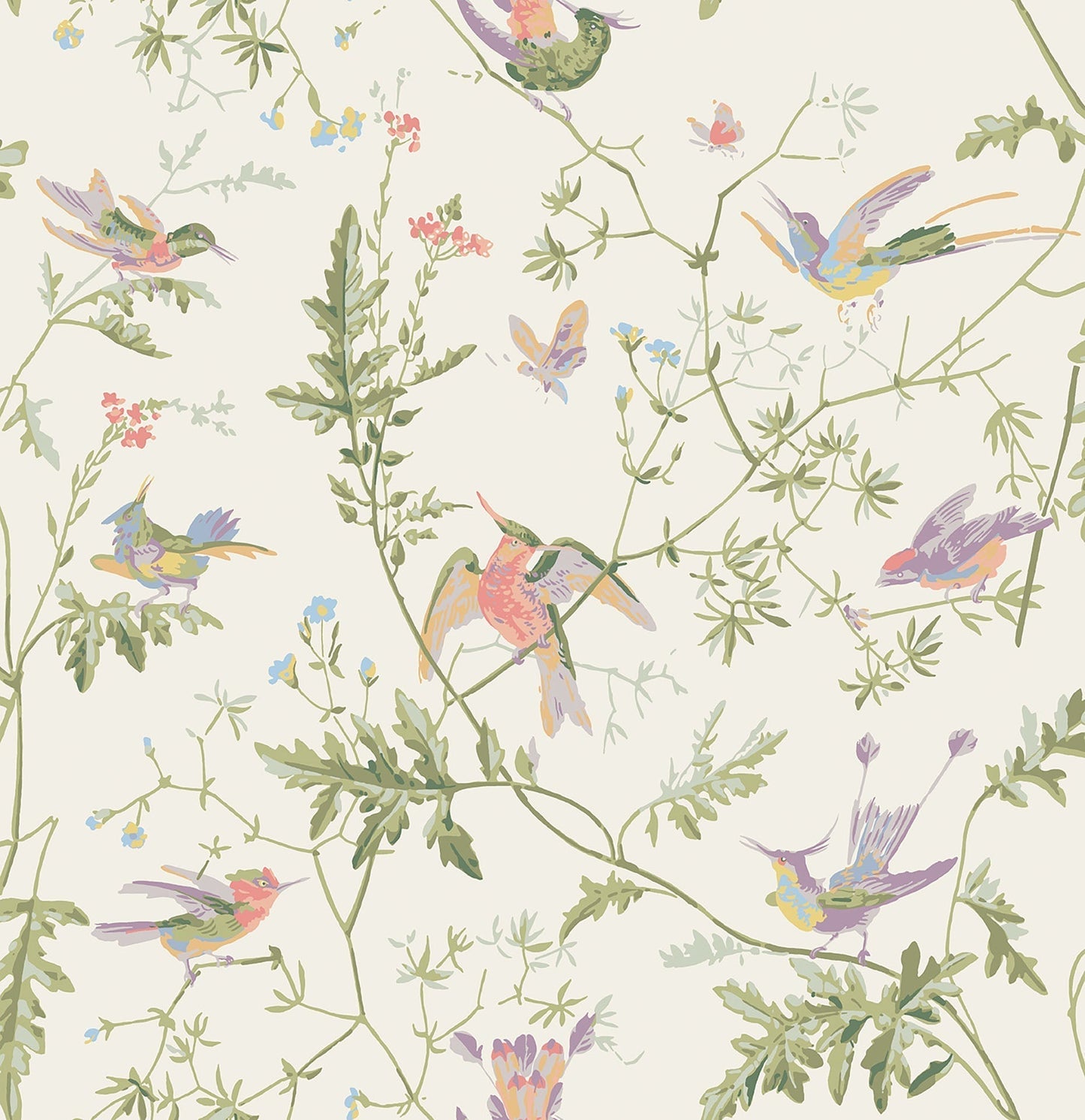 Cole & Son Hummingbirds - Soft Multi, Olive Green on White