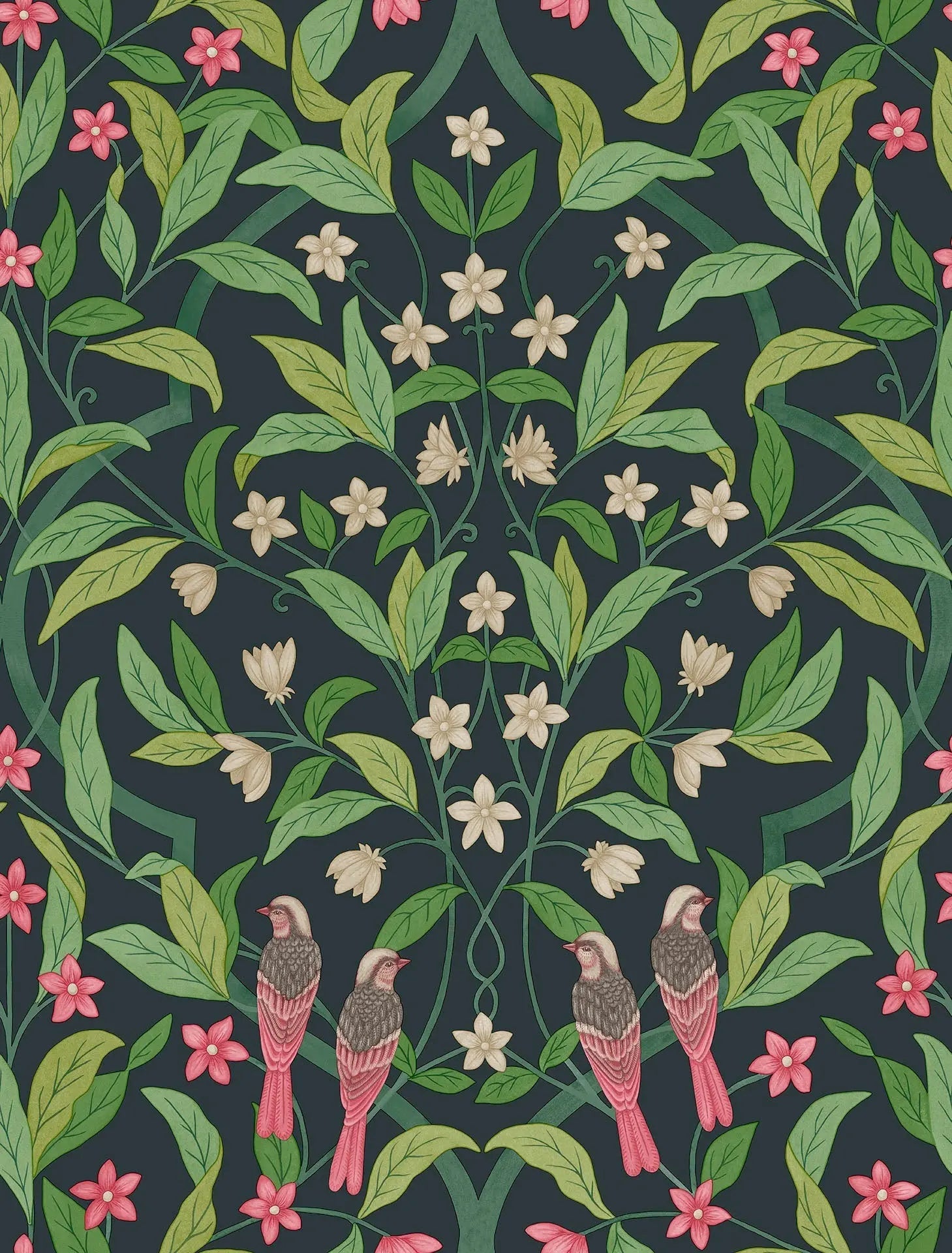Cole & Son Jasmine & Serin Symphony wallpaper - Rose & Racing Green on Dark Viridian