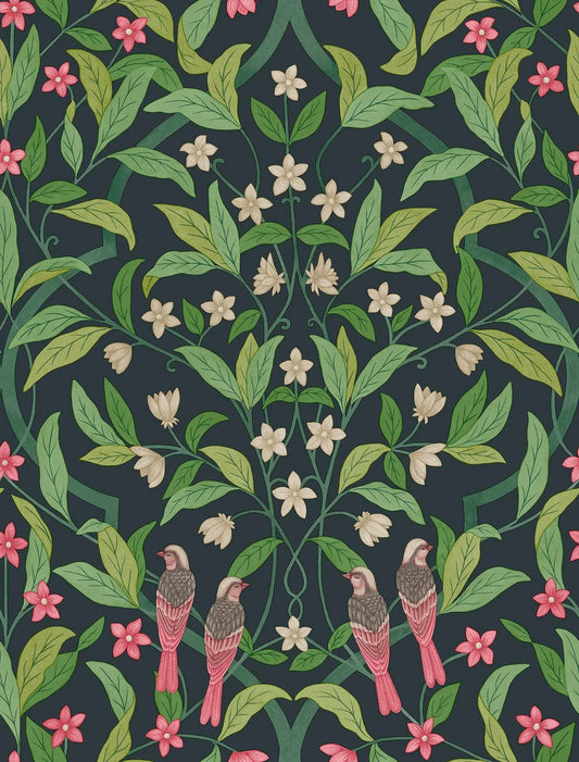 Cole & Son Jasmine & Serin Symphony wallpaper - Rose & Racing Green on Dark Viridian