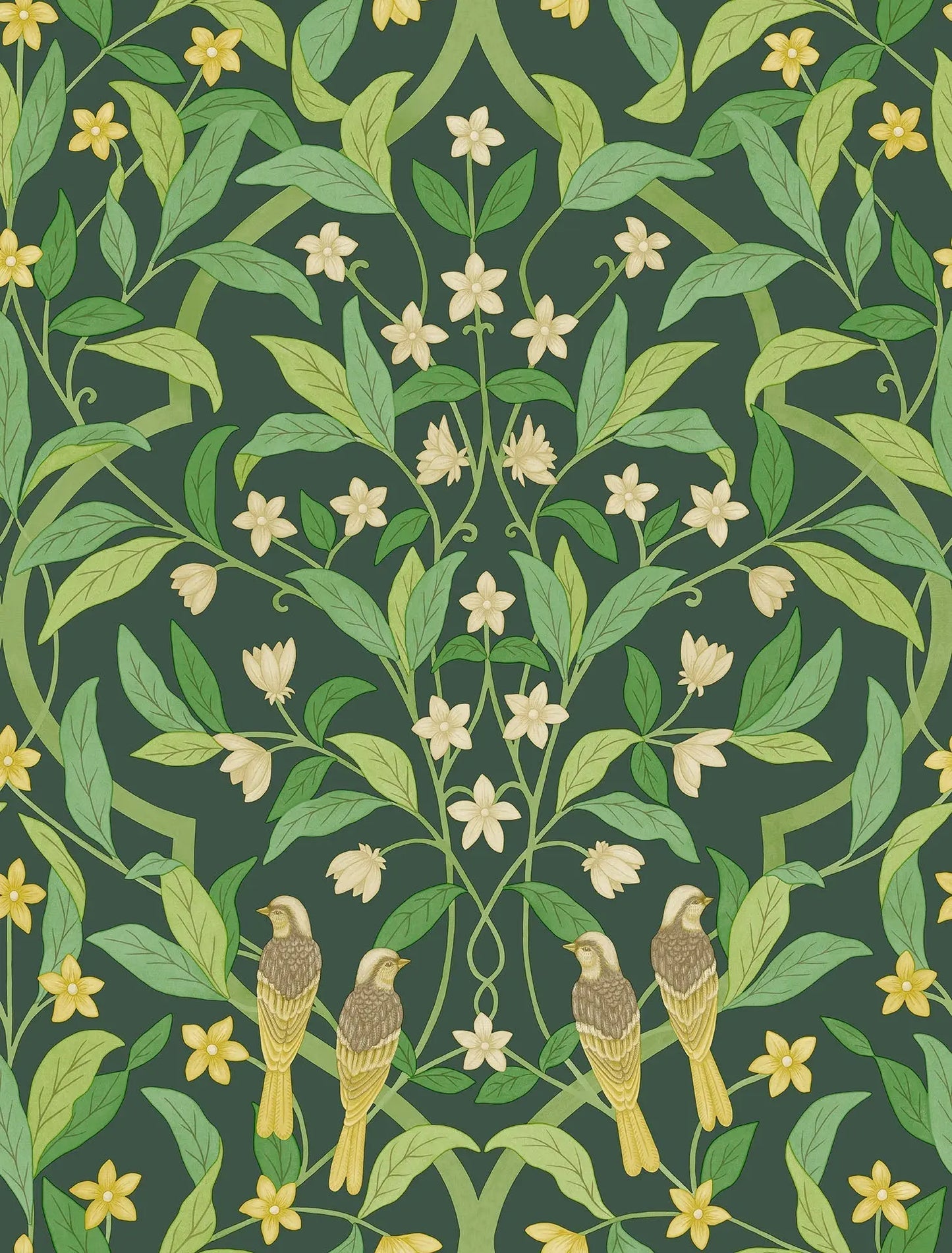 Cole & Son Jasmine & Serin Symphony - Yellow & Leaf Green on Dark Forest Green