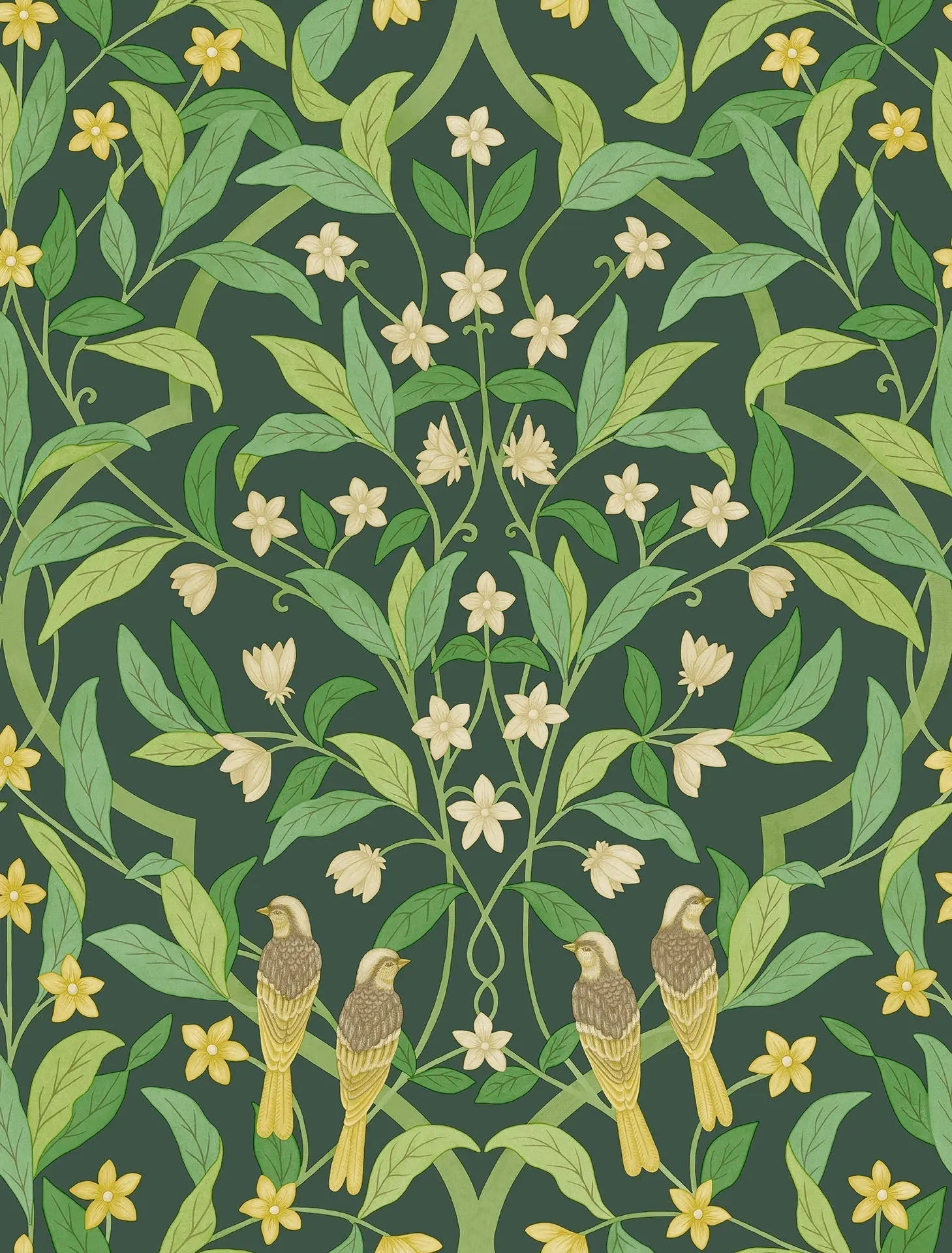 Cole & Son Jasmine & Serin Symphony - Yellow & Leaf Green on Dark Forest Green