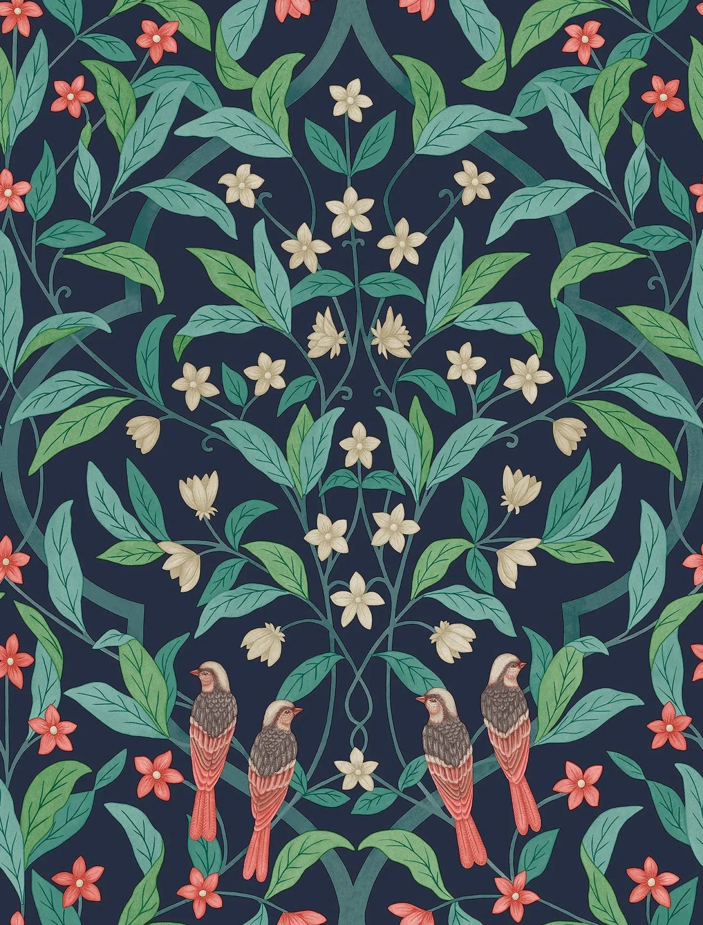 Cole & Son Jasmine & Serin Symphony - Coral & Petrol on Ink