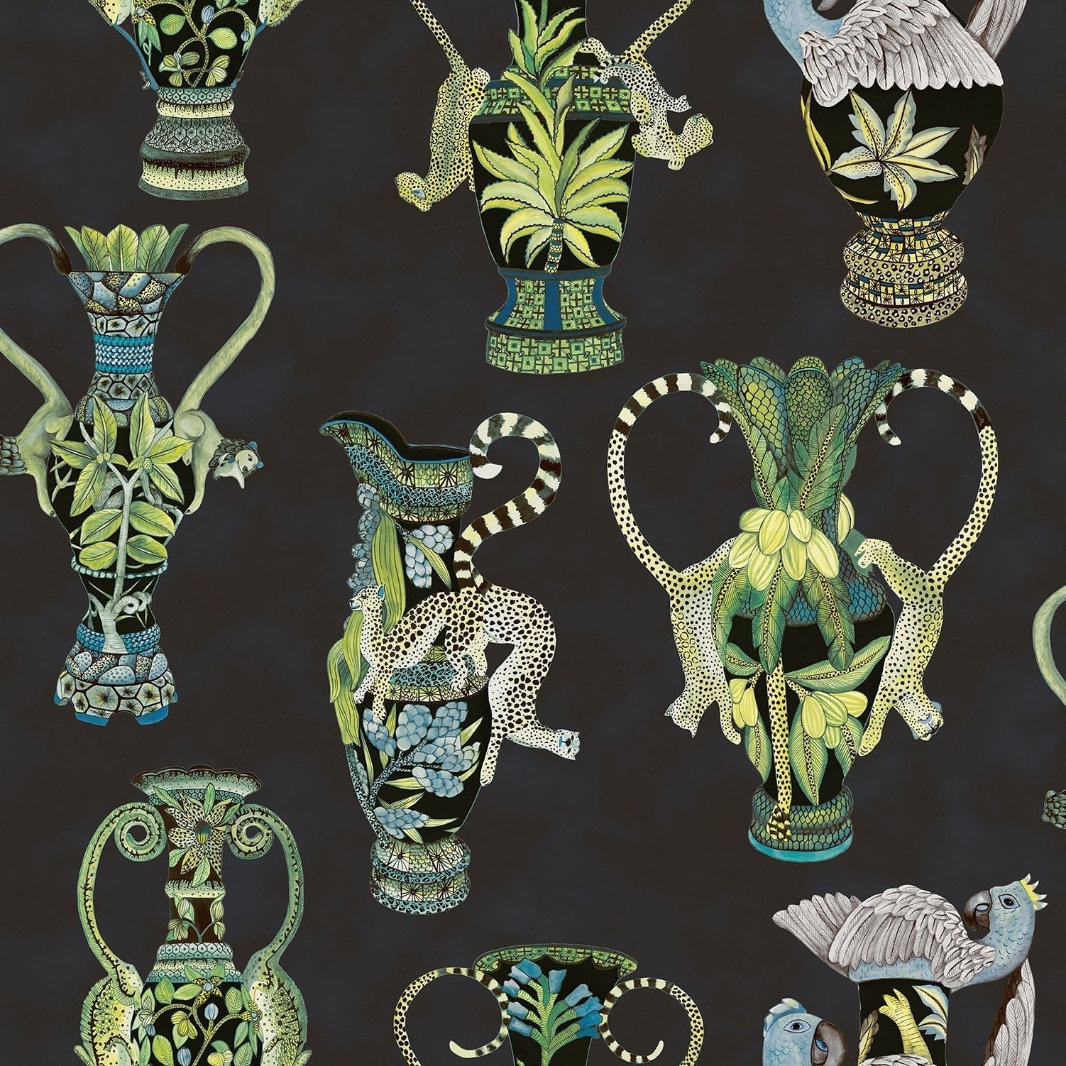 Cole & Son Khulu Vases - Multi Greens & Blues on Ink