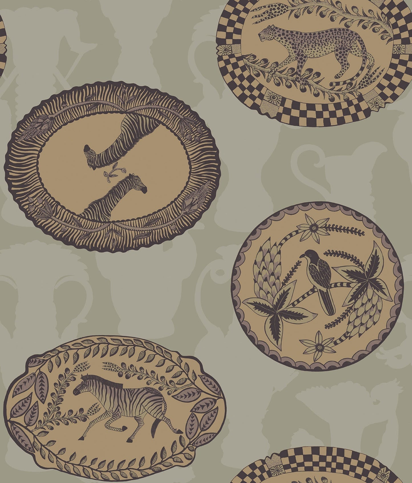 Cole & Son Matrinah - Metallic Gold & Charcoal on Old Olive