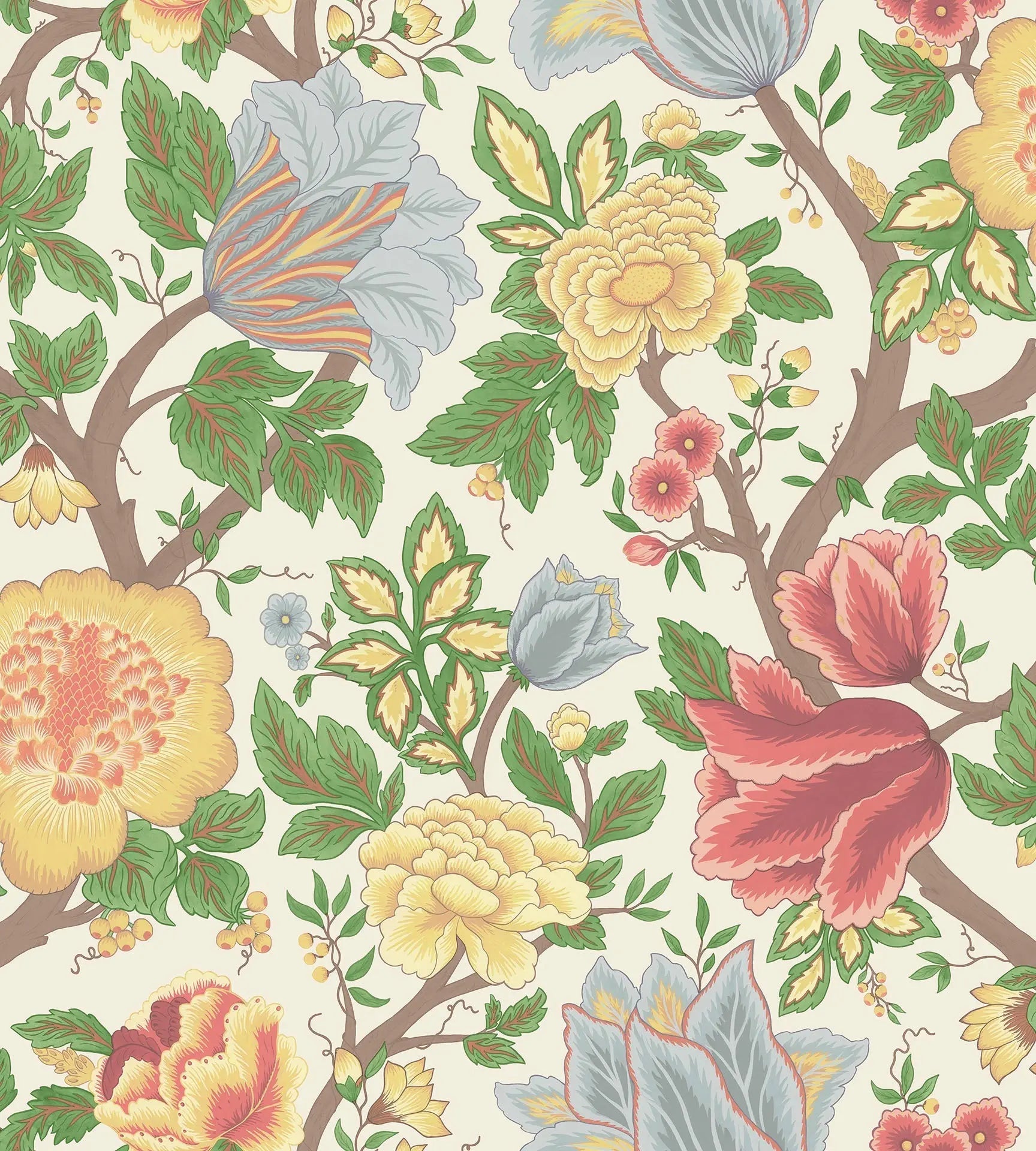Cole & Son Midsummer Bloom wallpaper - Chartreuse, Rouge & Leaf Green on Parchment