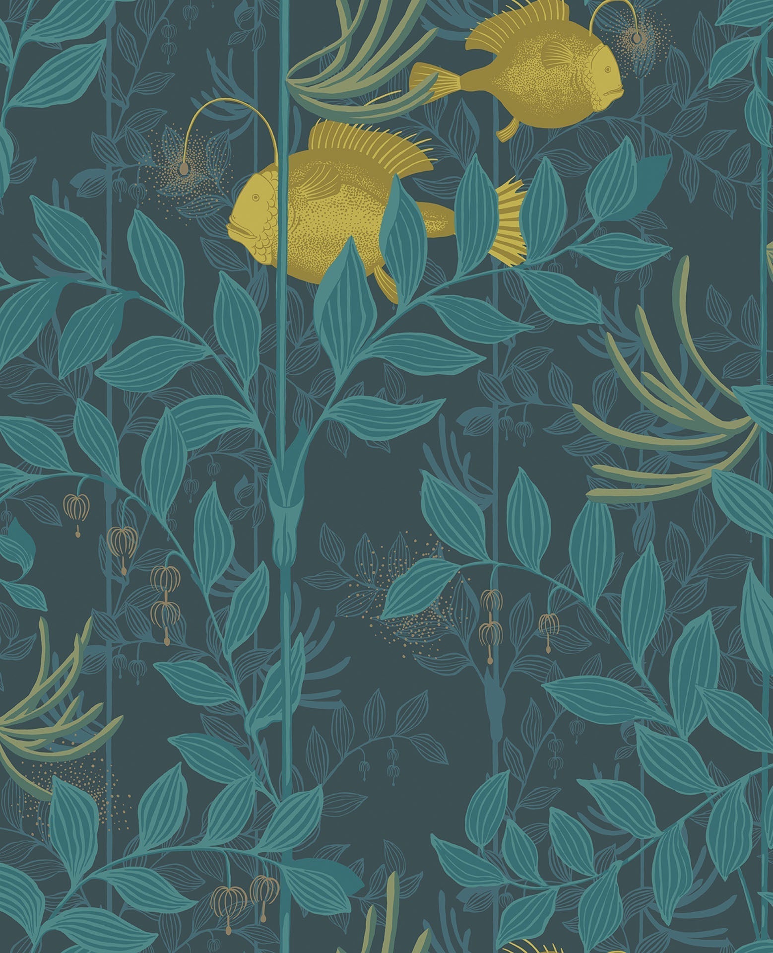Cole & Son Nautilus wallpaper - Chartreuse & Petrol on Midnight