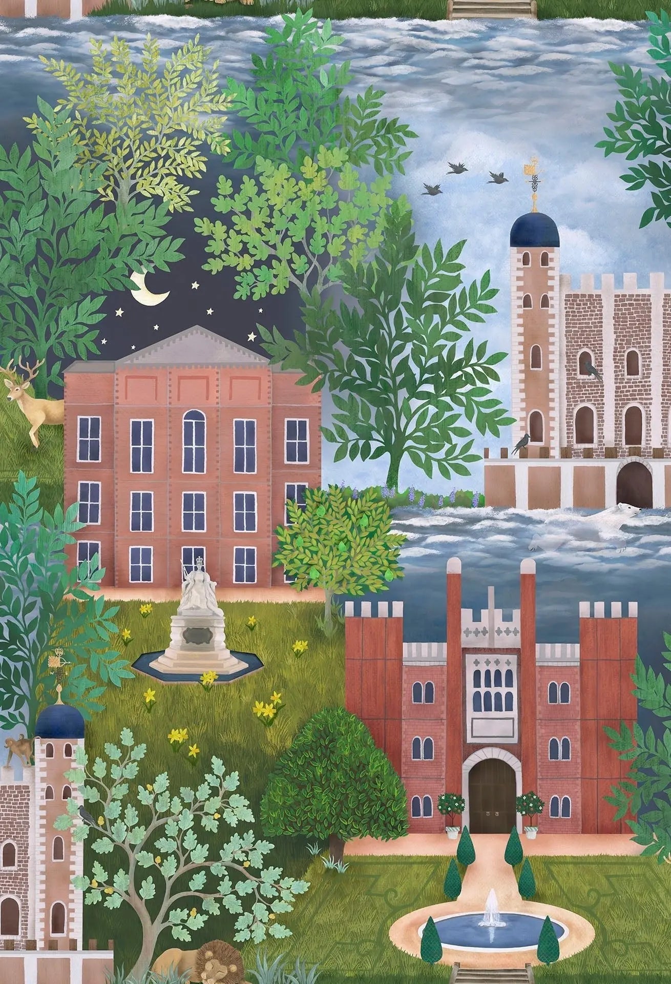 Cole & Son Palace Tales wallpaper - Leaf Green, Terracotta & Petrol