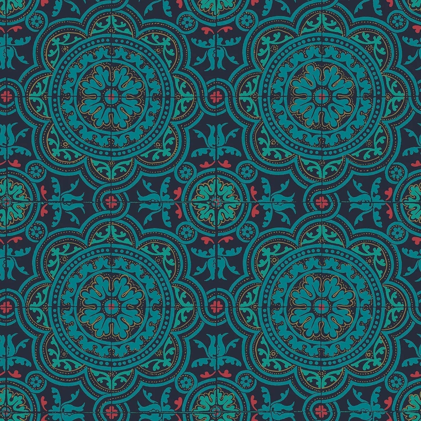 Cole & Son Piccadilly - Petrol, Red & Metallic Gold on Ink