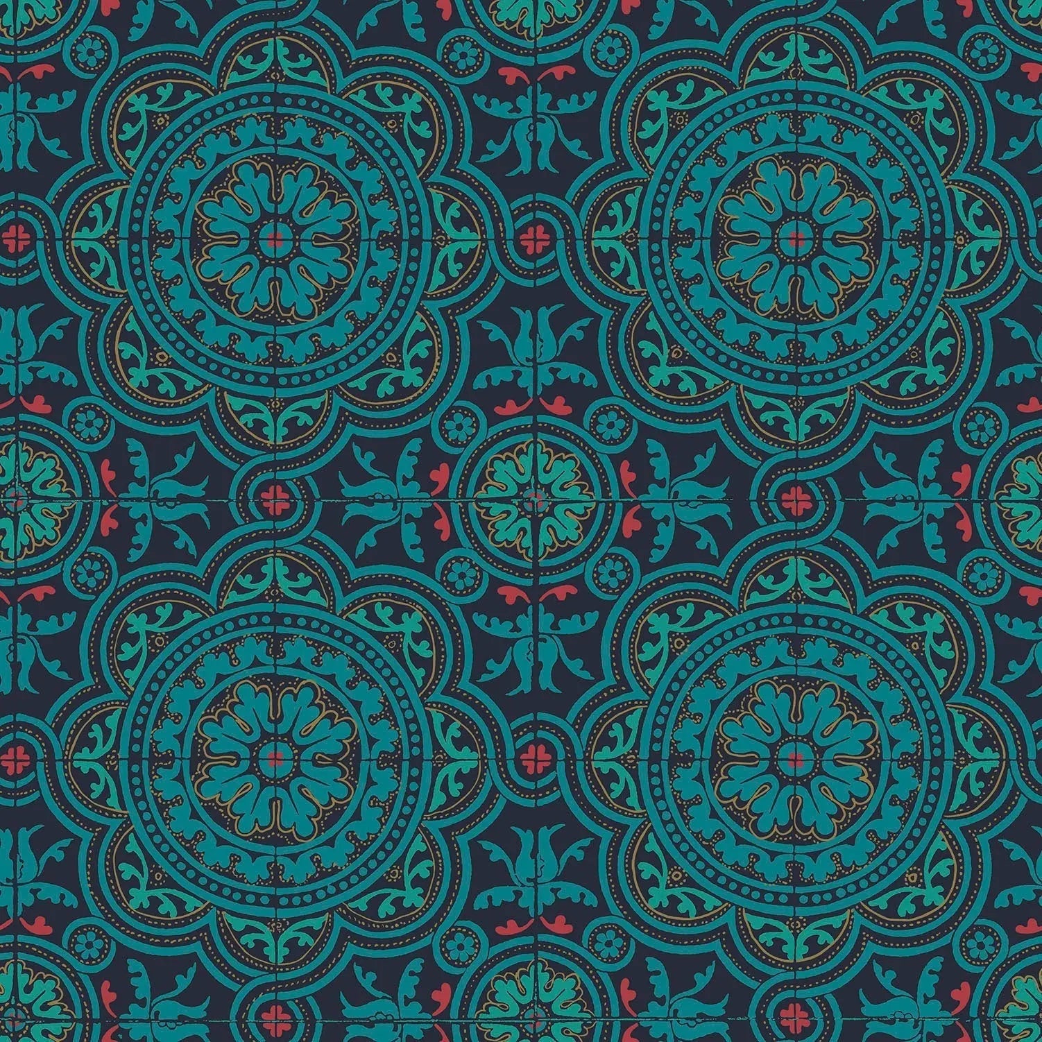 Cole & Son Piccadilly - Petrol, Red & Metallic Gold on Ink