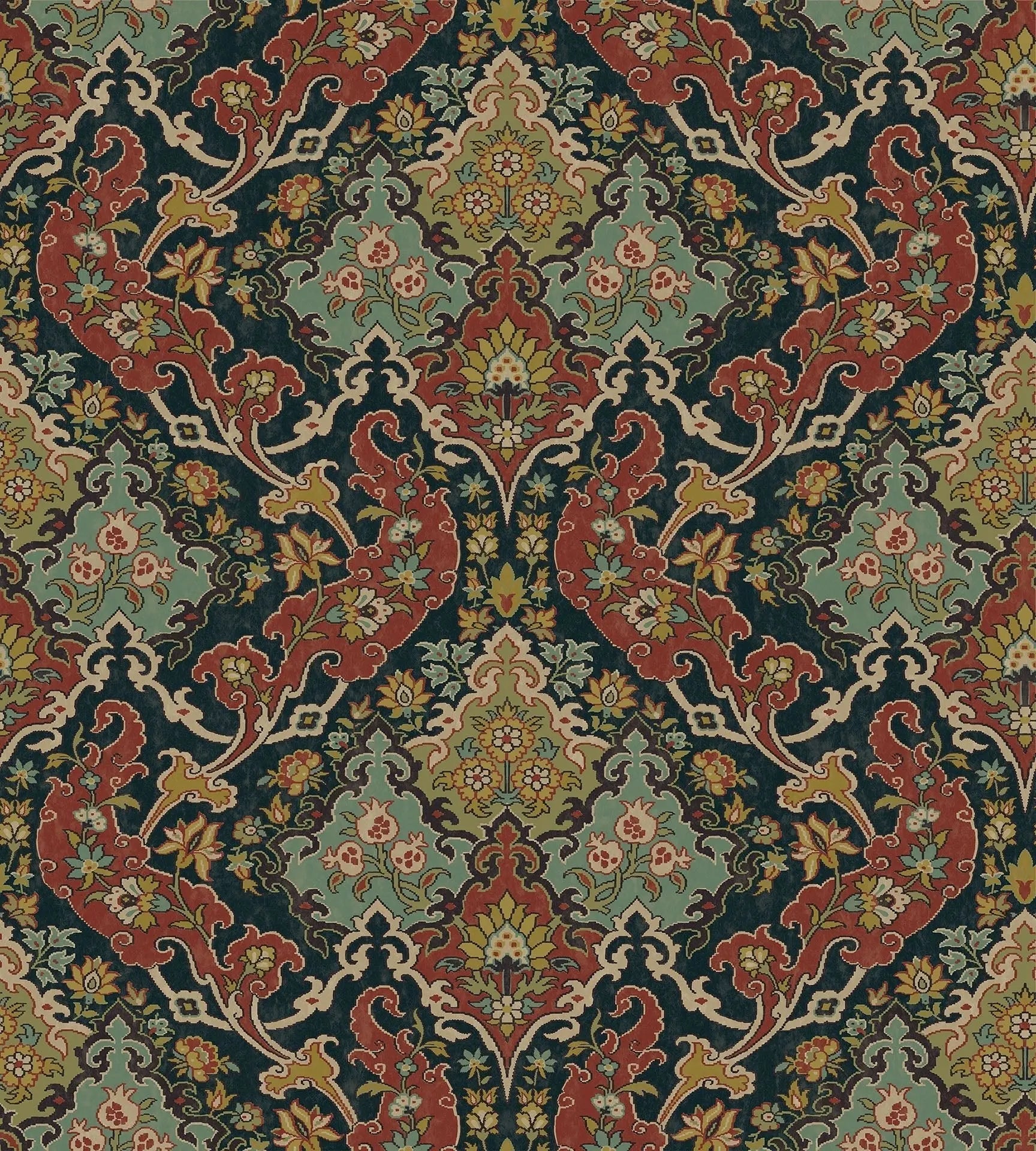 Cole & Son Pushkin - Seafoam & Red on Charcoal