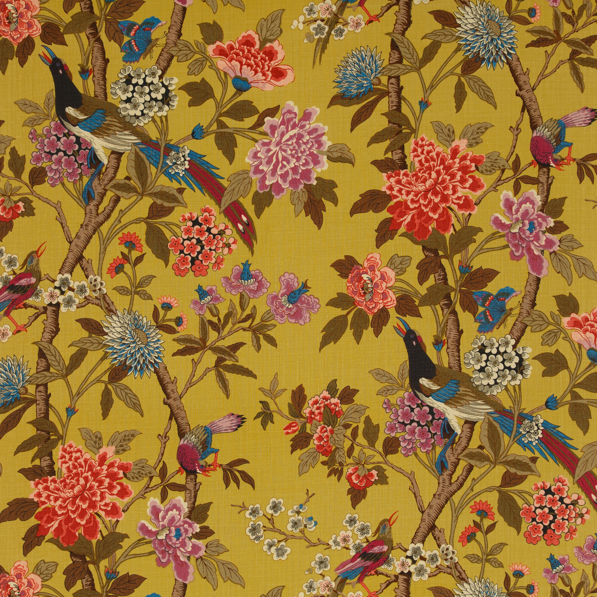 GP & J Baker | Hydrangea Bird fabric - Mustard/Mauve