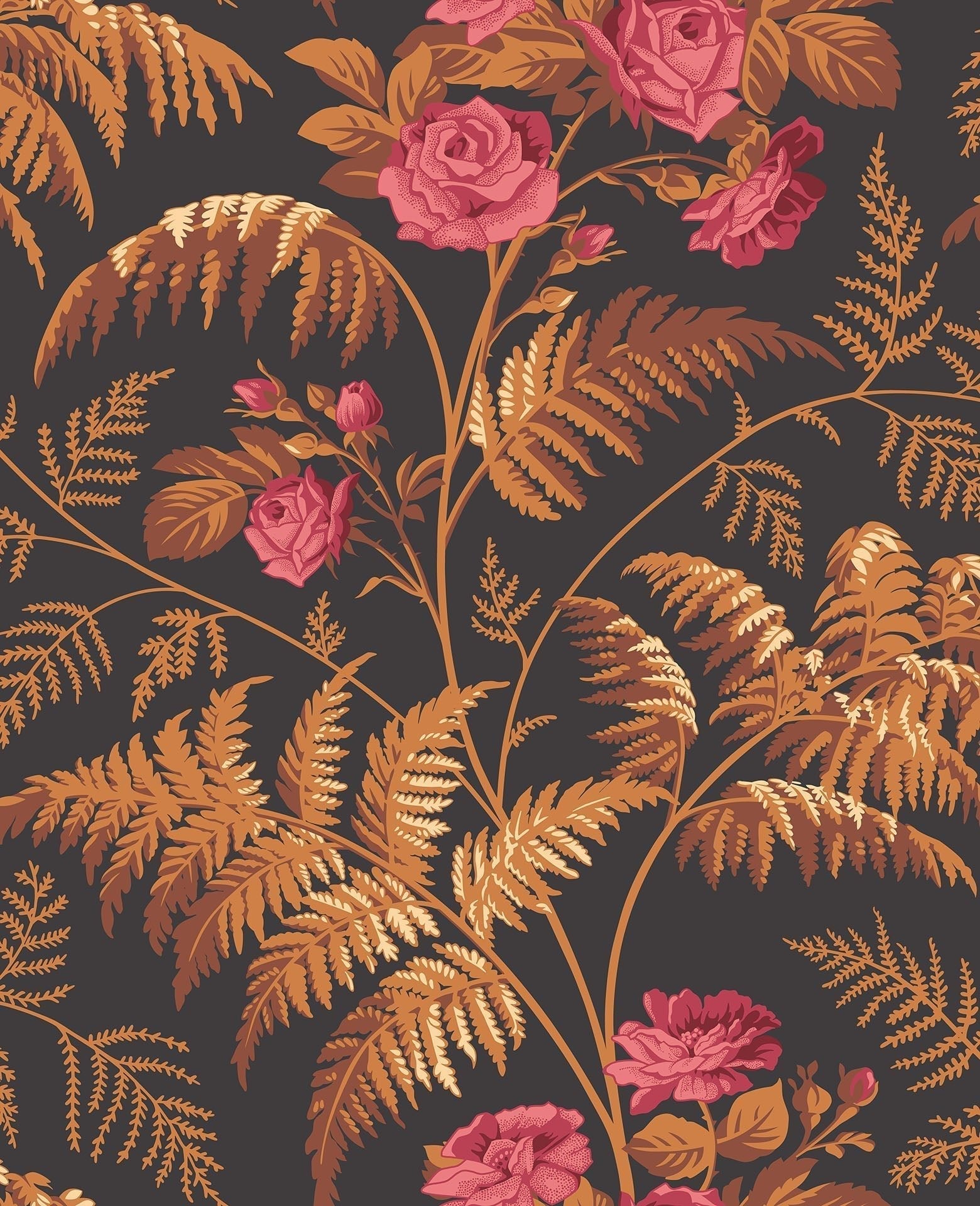 Cole & Son Rose wallpaper - Rose & Burnt Orange on Black