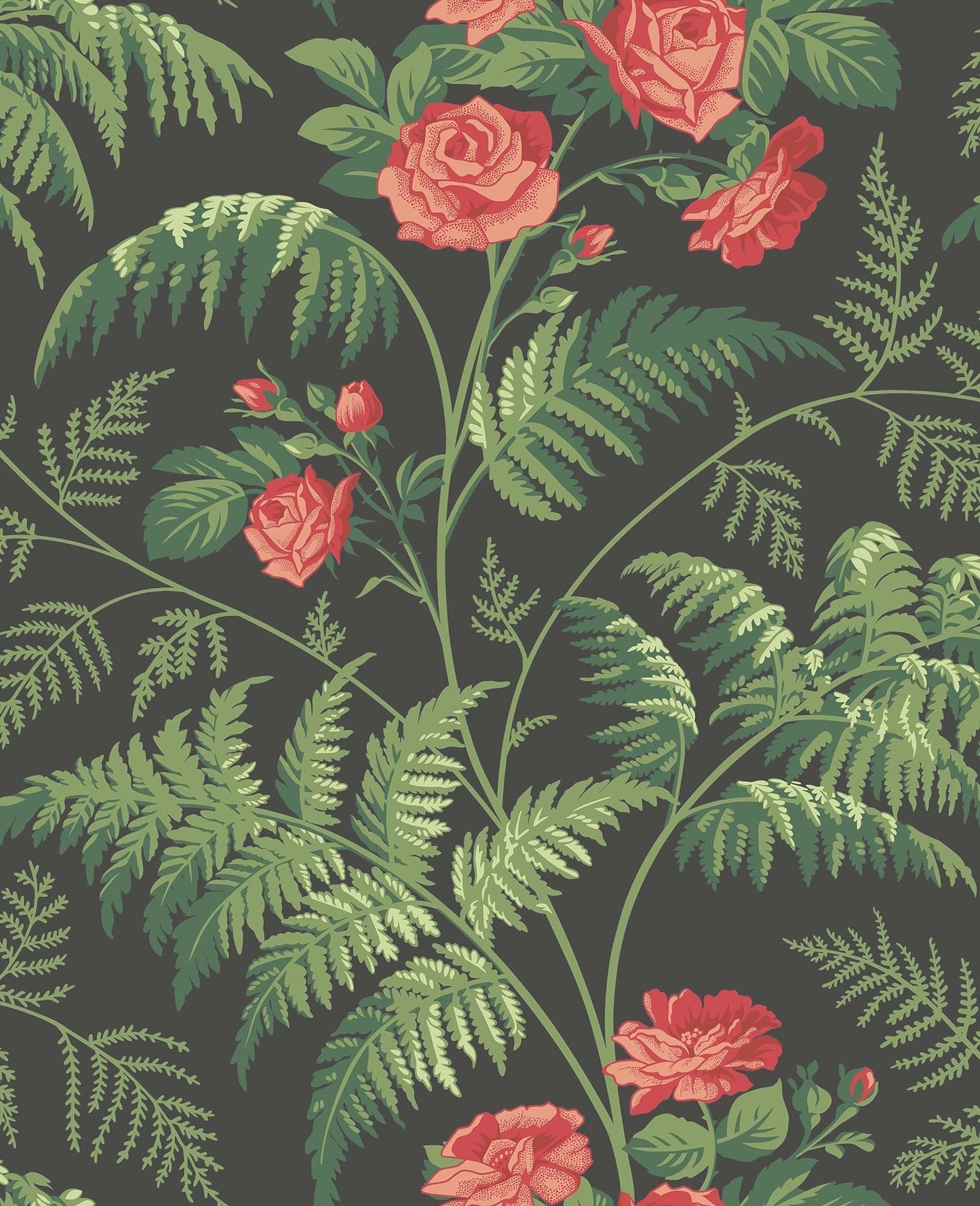 Cole & Son Rose - Red & Leaf Green on Charcoal