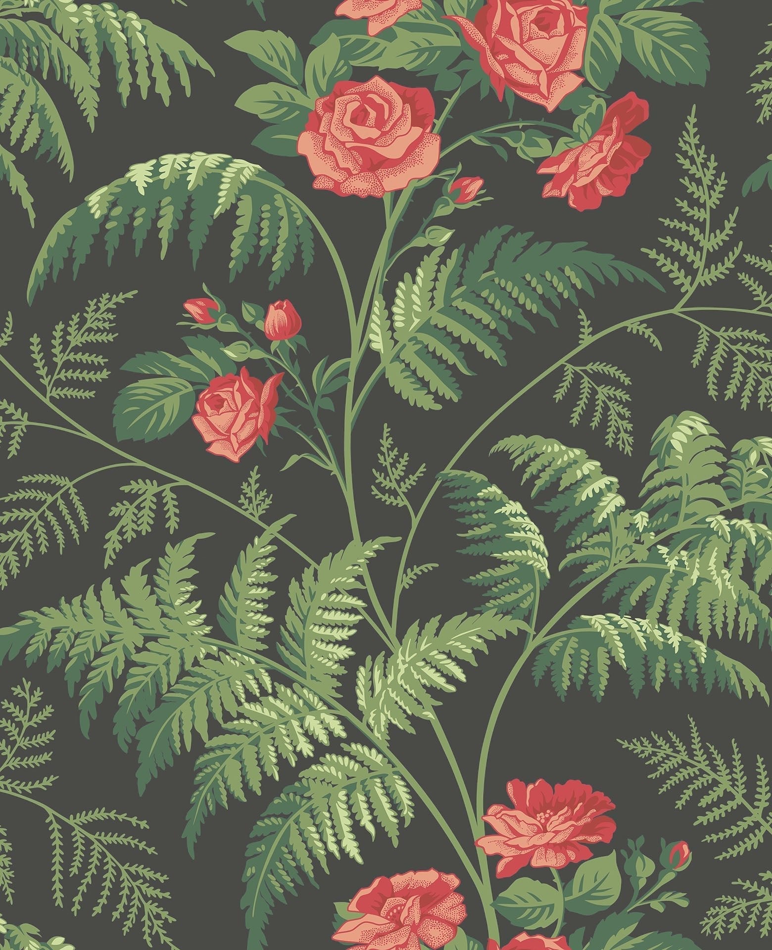 Cole & Son Rose - Red & Leaf Green on Charcoal