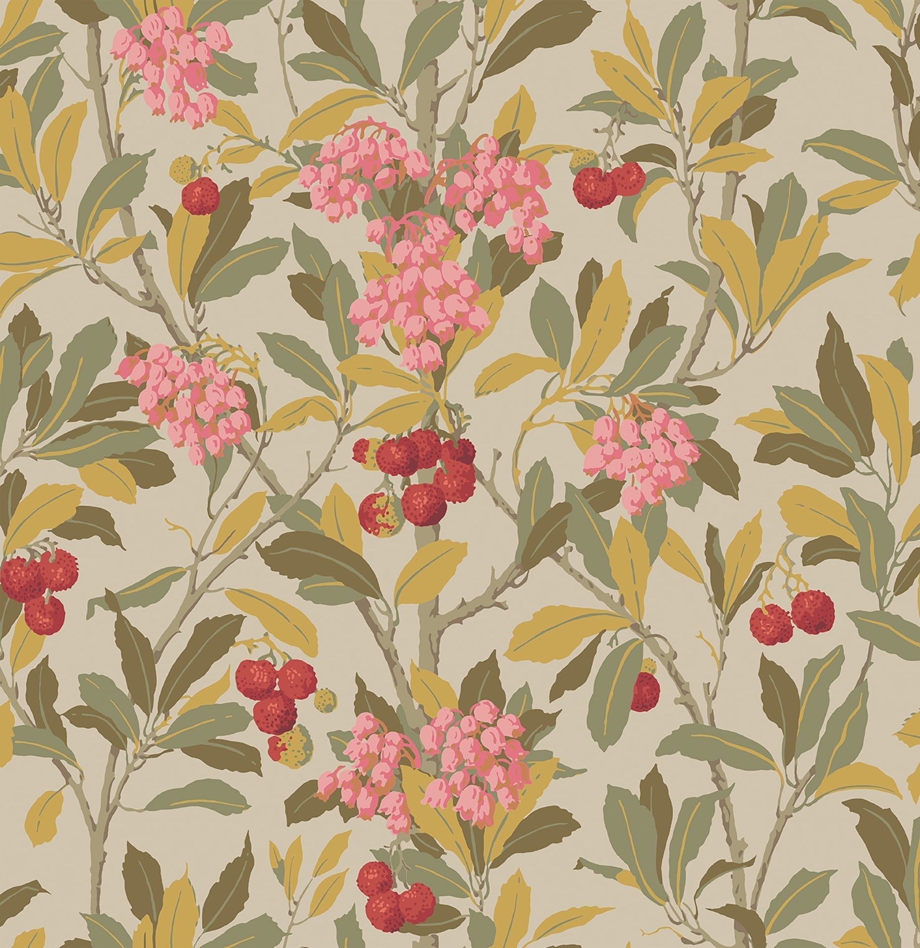 Cole & Son Strawberry Tree wallpaper - Fuchsia, Red & Olive on Safari