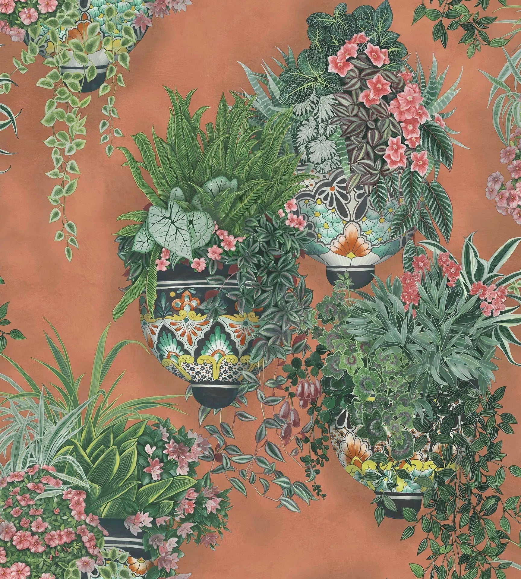Cole & Son Talavera wallpaper - Rose & Spring Greens on Terracotta
