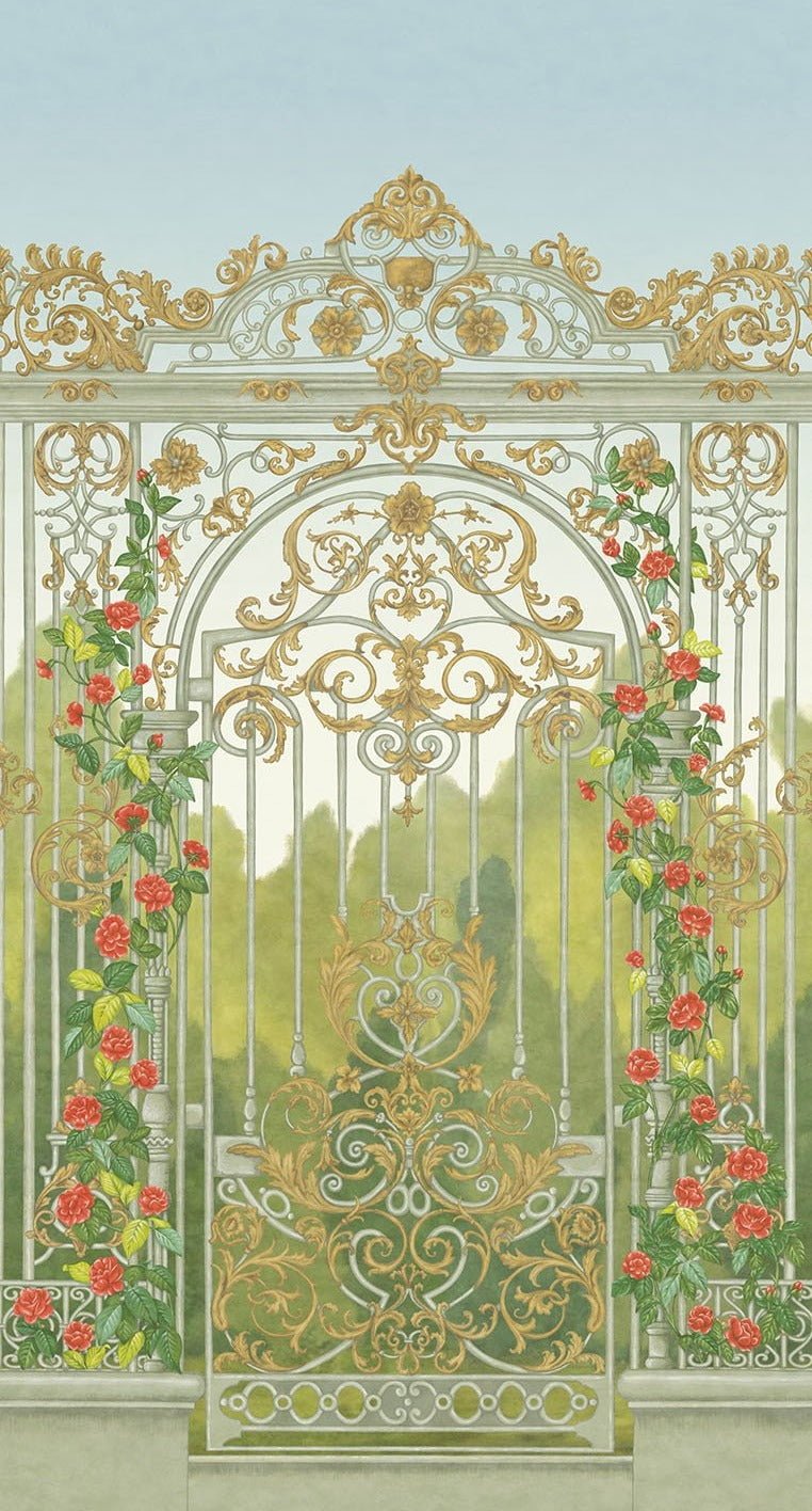 Cole & Son Tijou Gate wallpaper - Spring Green, Soft Olive & Rouge