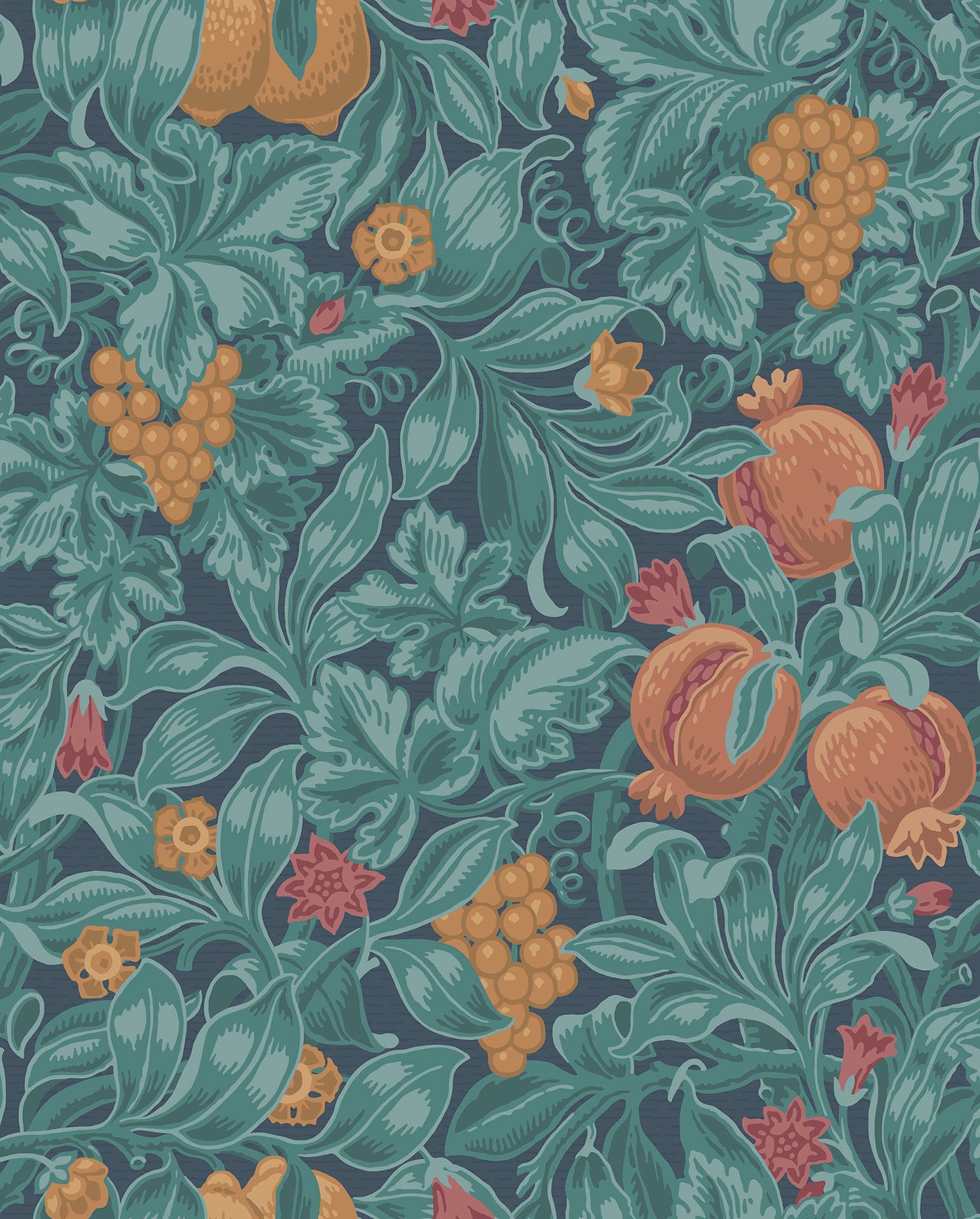 Cole & Son Vines of Pomona wallpaper - Burnt Orange & Teal on Petrol