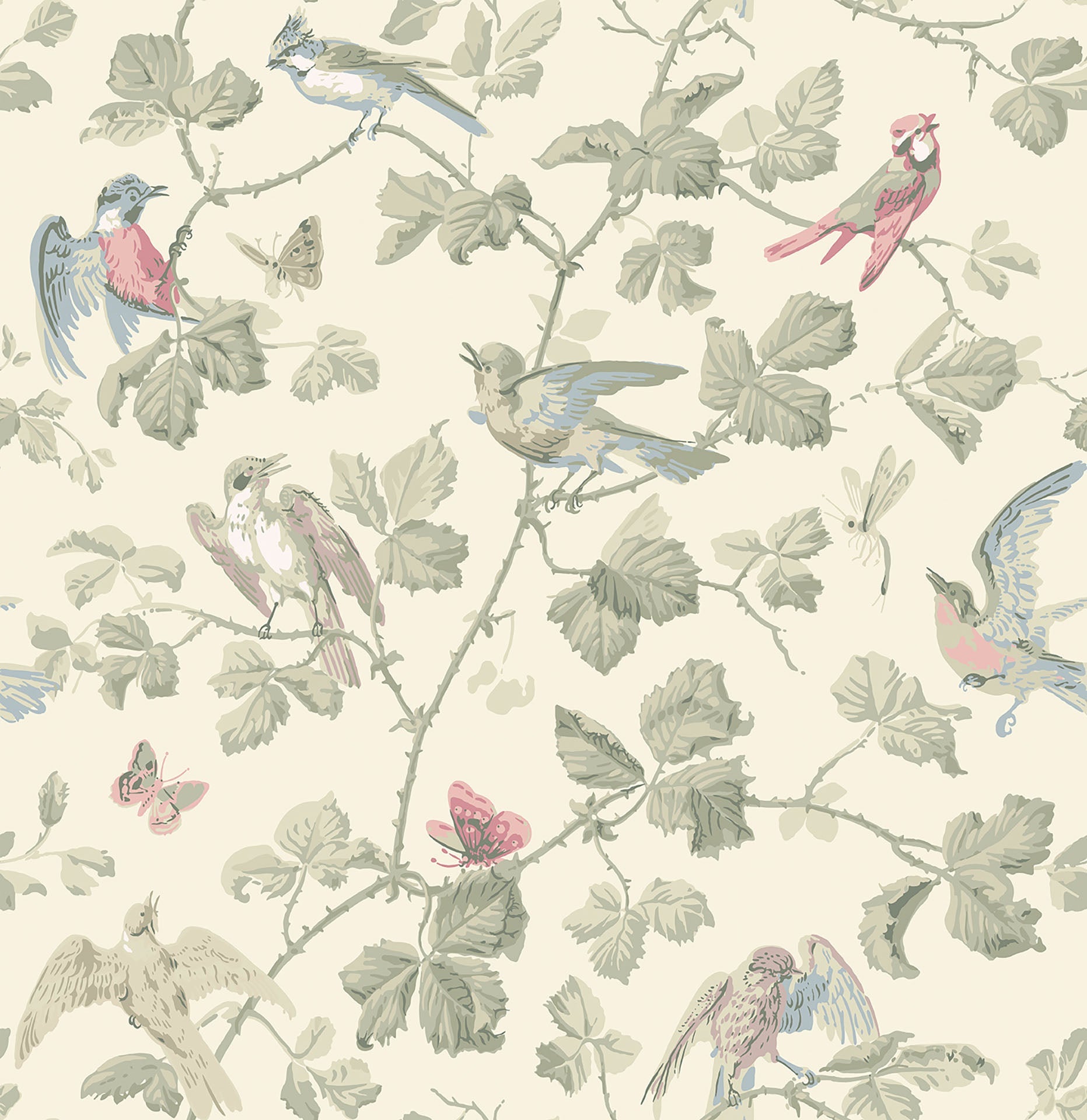 Cole & Son Winter Birds - Rose & Old Olive on Cream