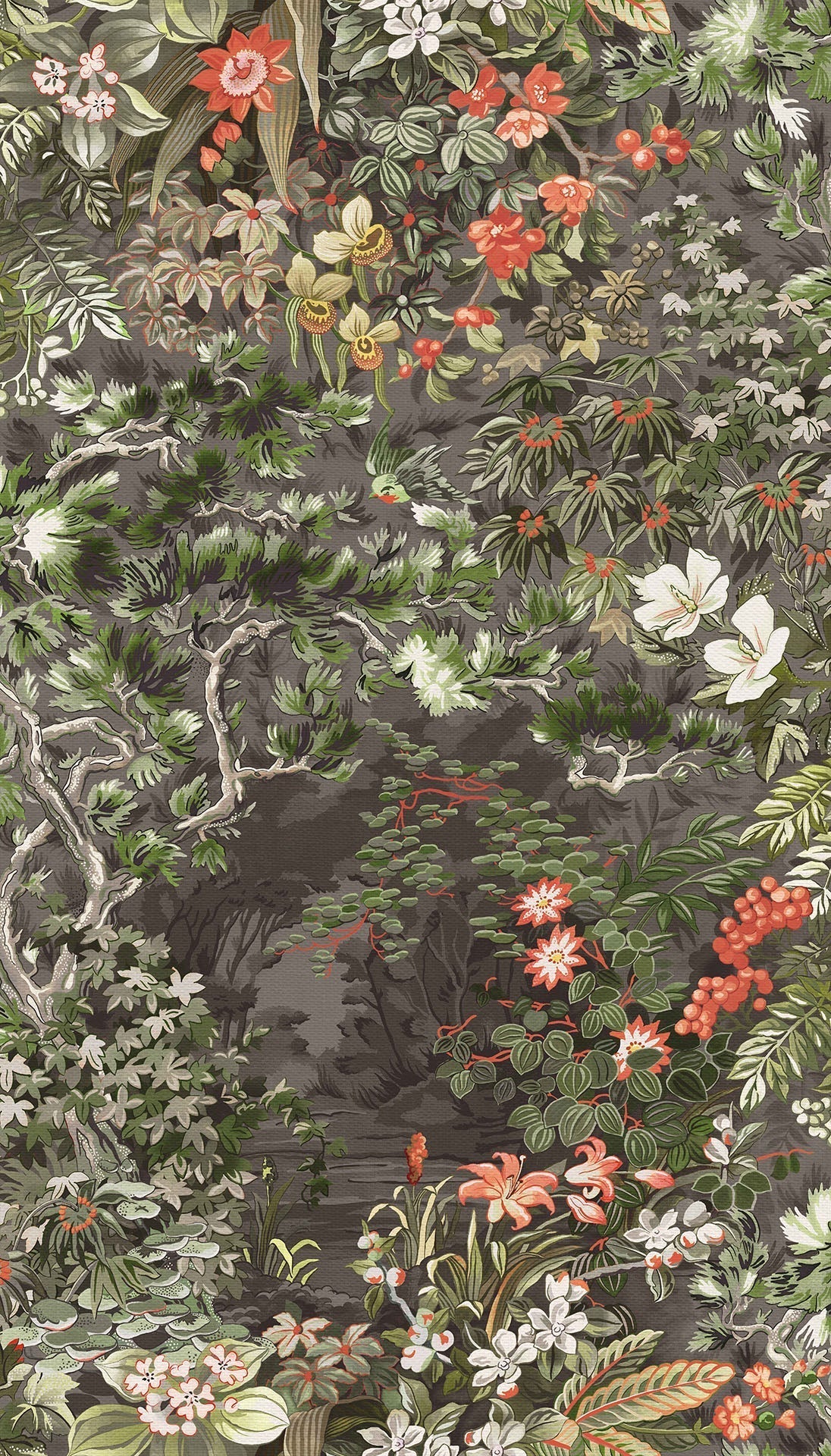 Cole & Son Woodland wallpaper - Coral & Olive on Soot