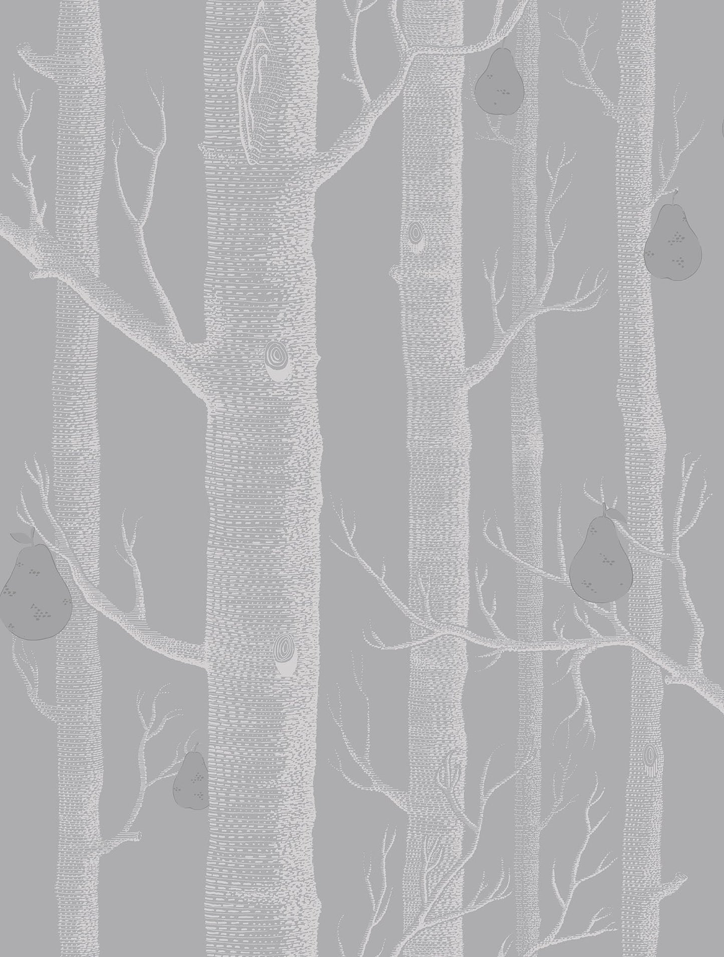 Cole & Son Woods & Pears - White & Metallic Silver on Grey