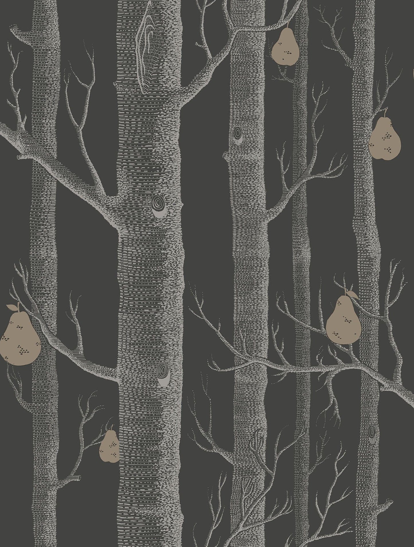 Cole & Son Woods & Pears - White & Metallic Silver on Charcoal