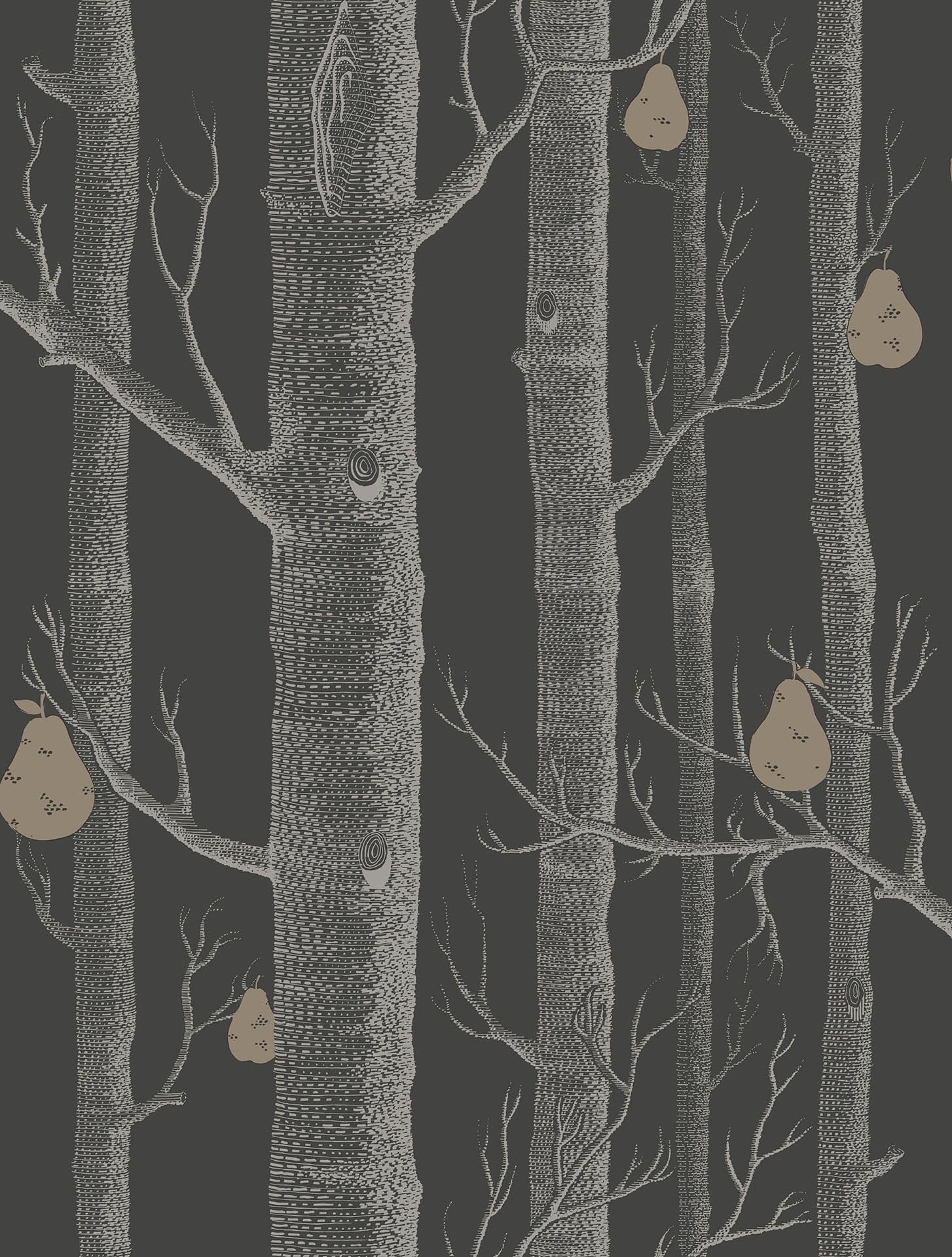 Cole & Son Woods & Pears - White & Metallic Silver on Charcoal