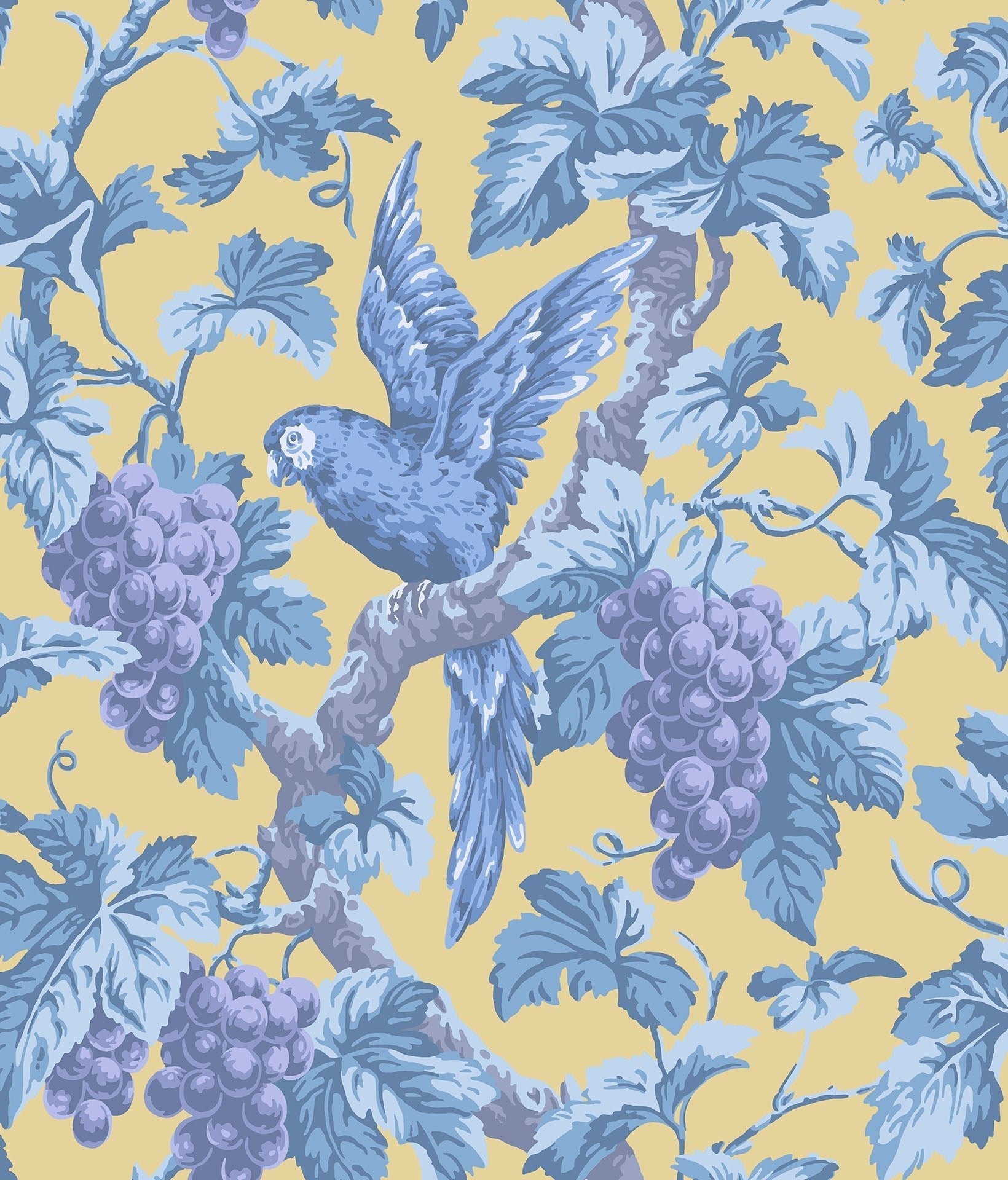 Cole & Son Woodvale Orchard wallpaper - Hyacinth, Lilac & China Blue on Ochre