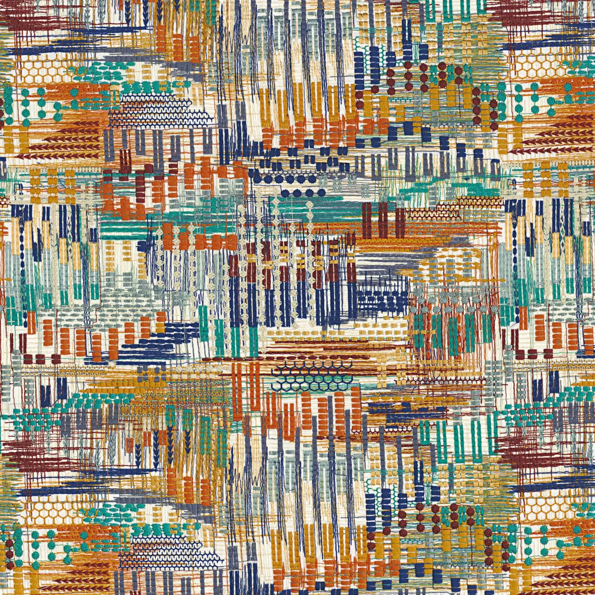 Casamance Point De Vue fabric — Turquoise Orange Brulee