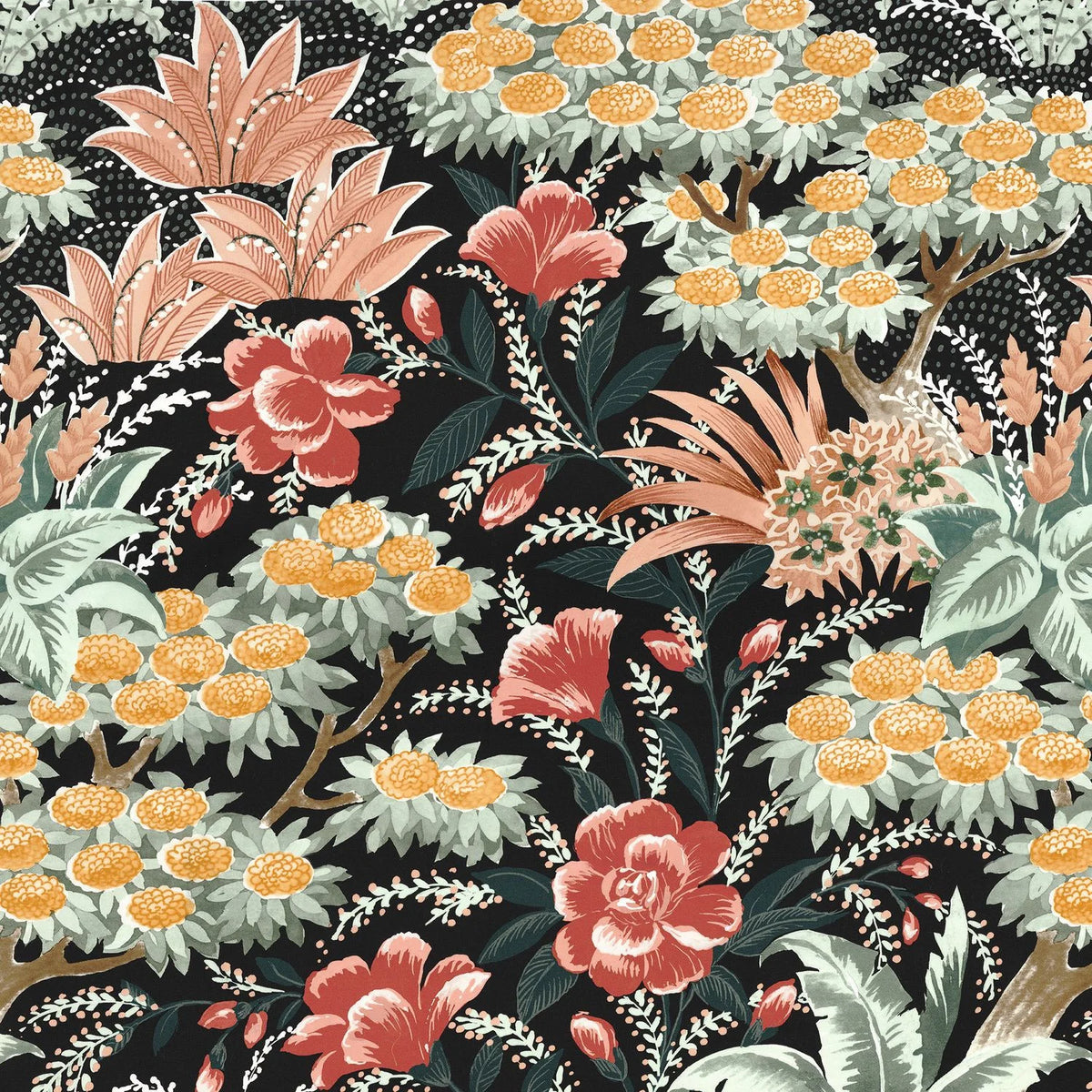 Casamance Cite Des Roses fabric — Noir De Lune / Terracotta