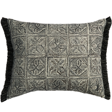de Le Cuona | Batik Block Print Cushion with Fringing – Charcoal