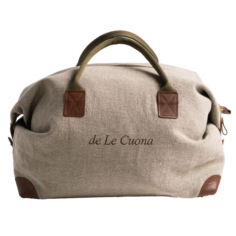 de Le Cuona | Seed Linen Classic Holdall – Peppercorn with Tan Leather