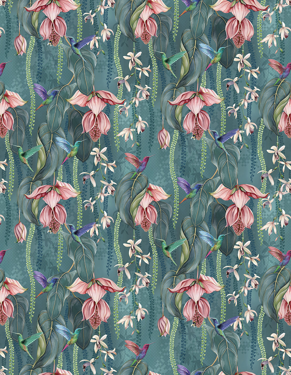 Osborne & Little | Trailing Orchid Velvet fabric - Teal / Pink