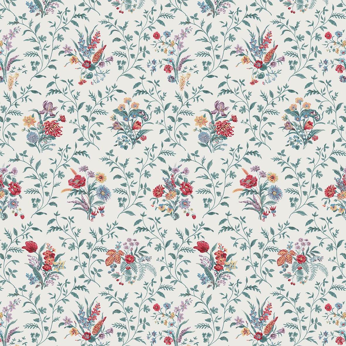 Nina Campbell | Hollingbourne fabric - Teal / Red / Amethyst