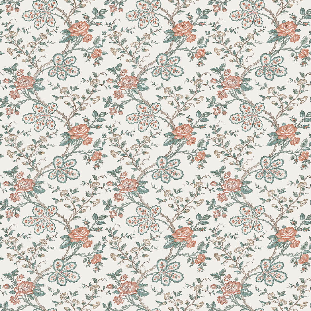 Nina Campbell | Geneviève fabric - Teal / Coral / Ivory