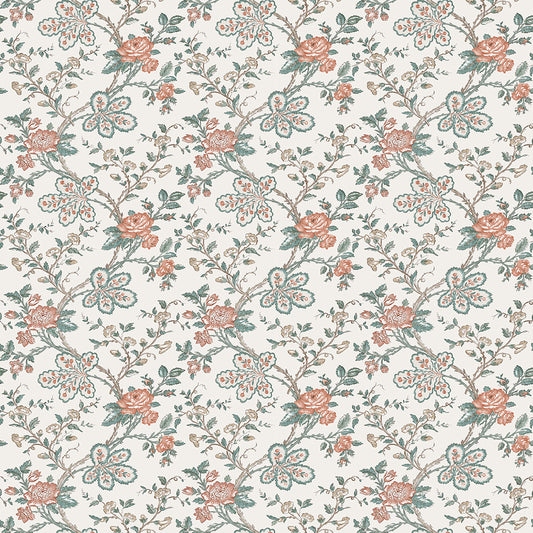 Nina Campbell | Geneviève fabric - Teal / Coral / Ivory