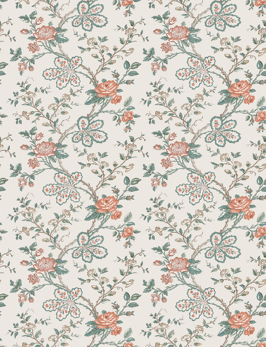 Nina Campbell | Geneviève Wallpaper wallcovering - Teal / Coral / Ivory