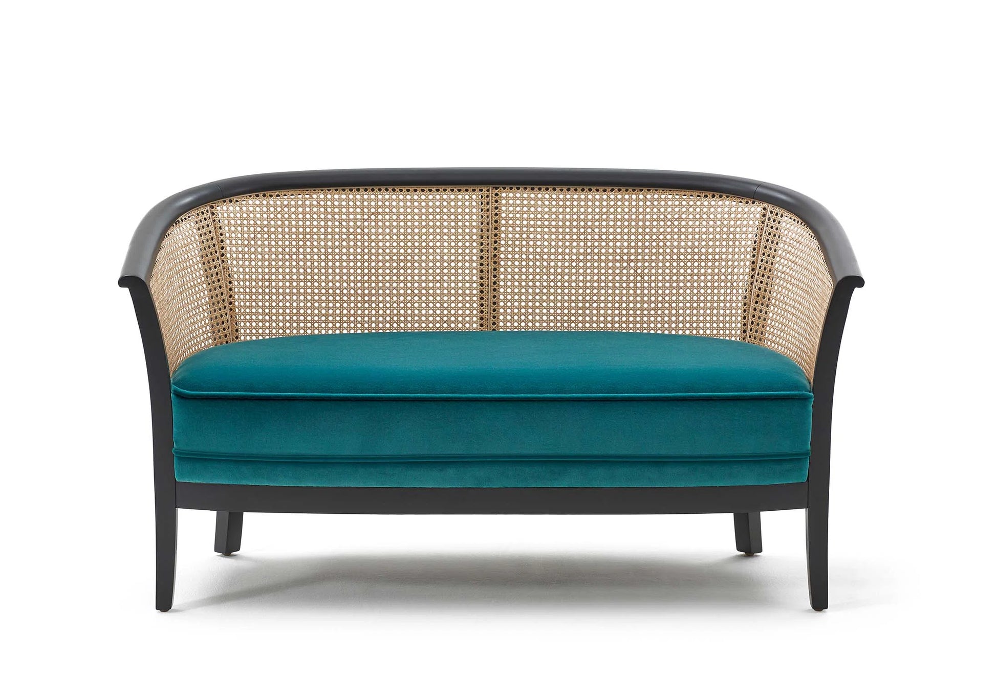 Pierre Frey Charles - Stained beech, water-based varnish with Cane and Visible wood legs; Piping - Stretched fabric upholstery