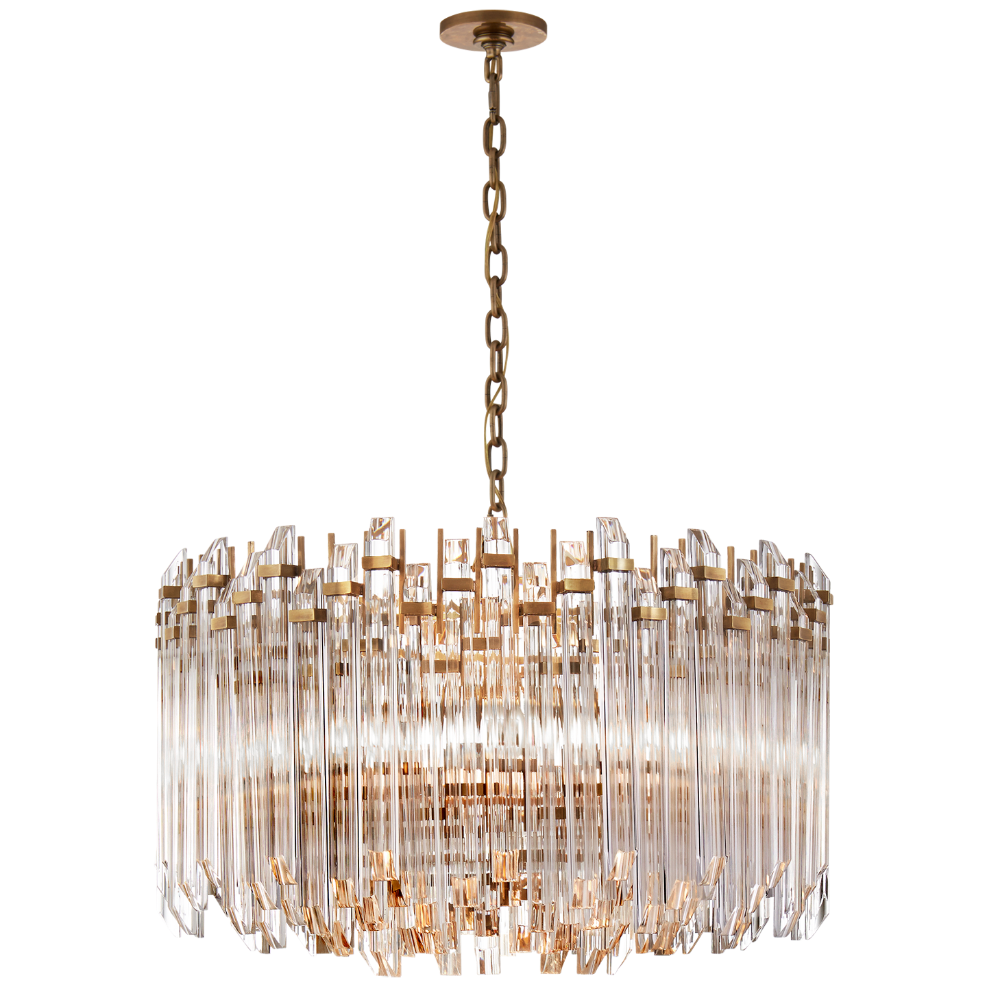 Adele Large Wide Drum Chandelier in Hand-Rubbed Antique Brass with Clear Acrylic